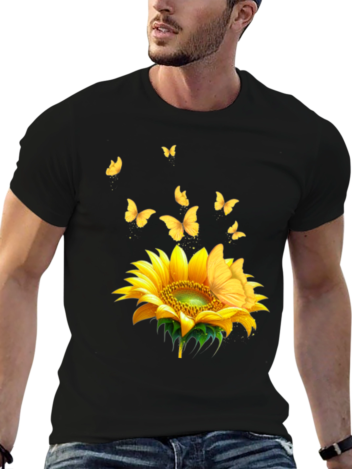 Sunflower Butterfly Black T-Shirt