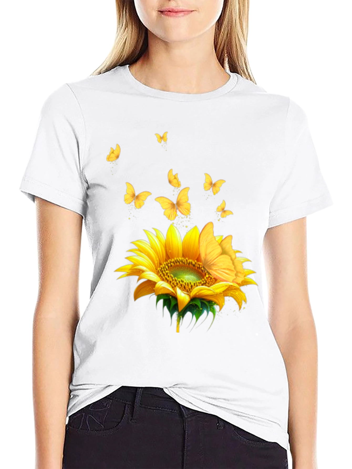 Sunflower Butterfly Black T-Shirt