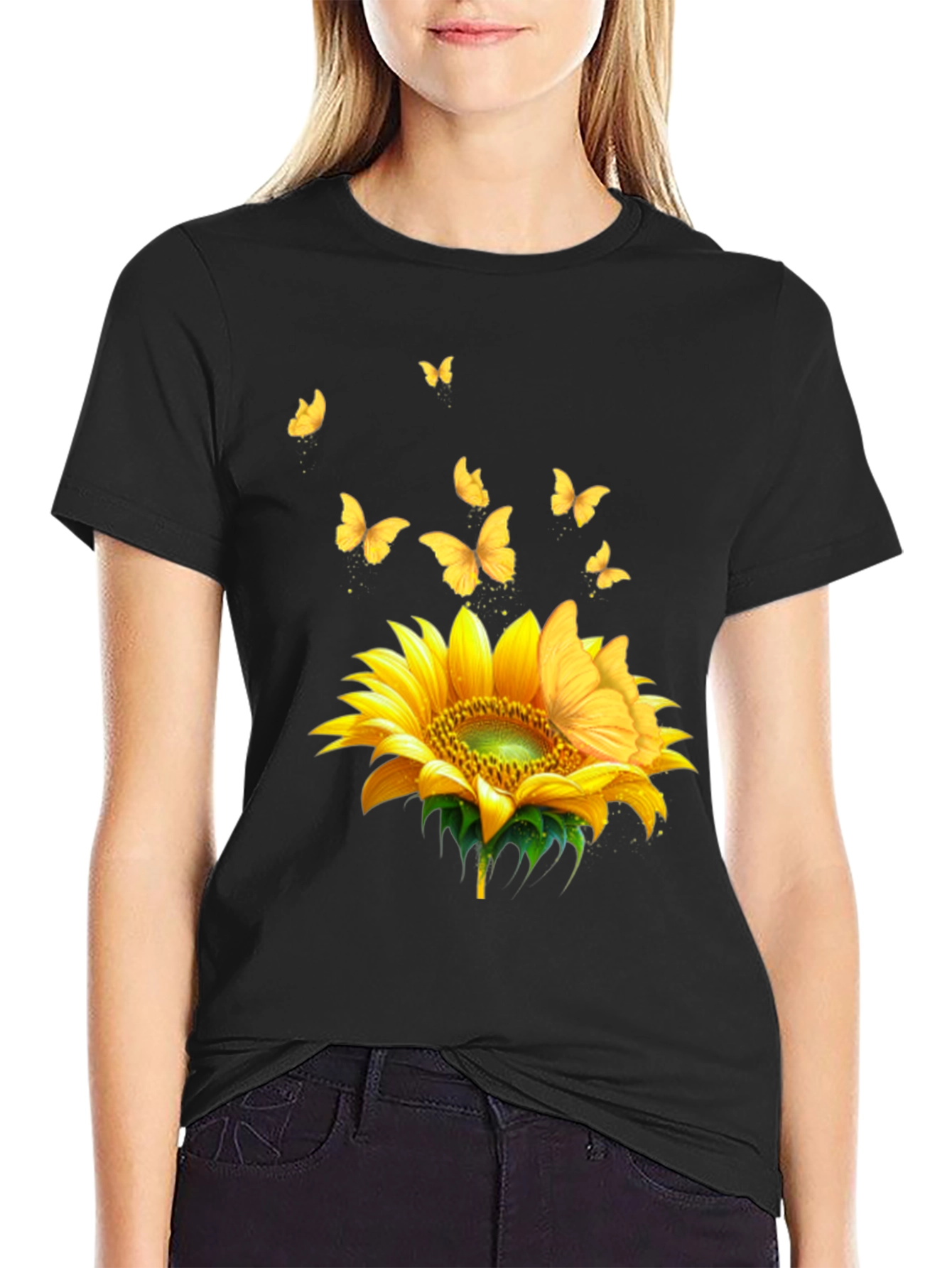 Sunflower Butterfly Black T-Shirt