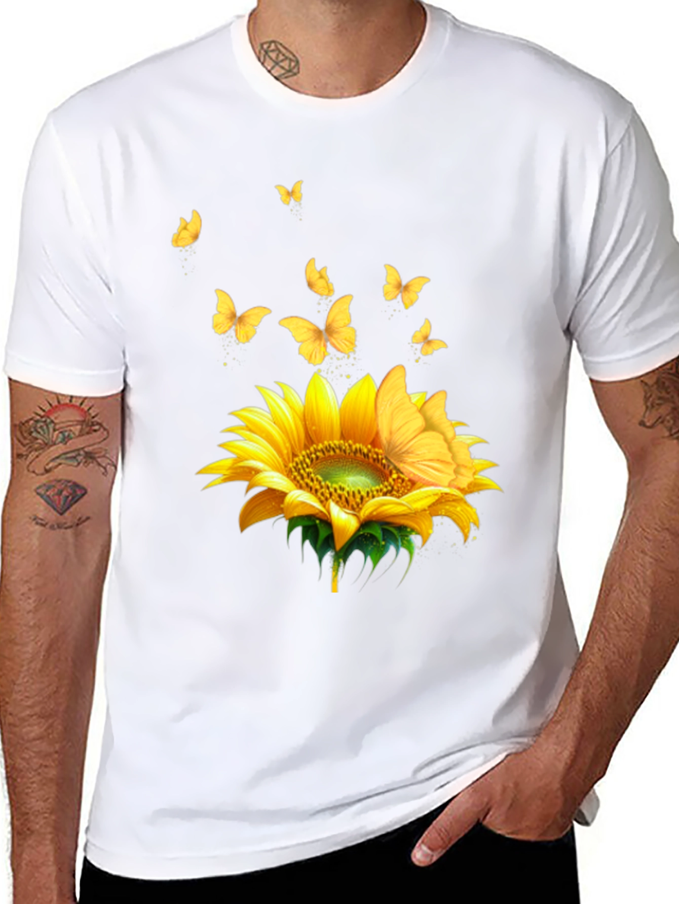 Sunflower Butterfly Black T-Shirt