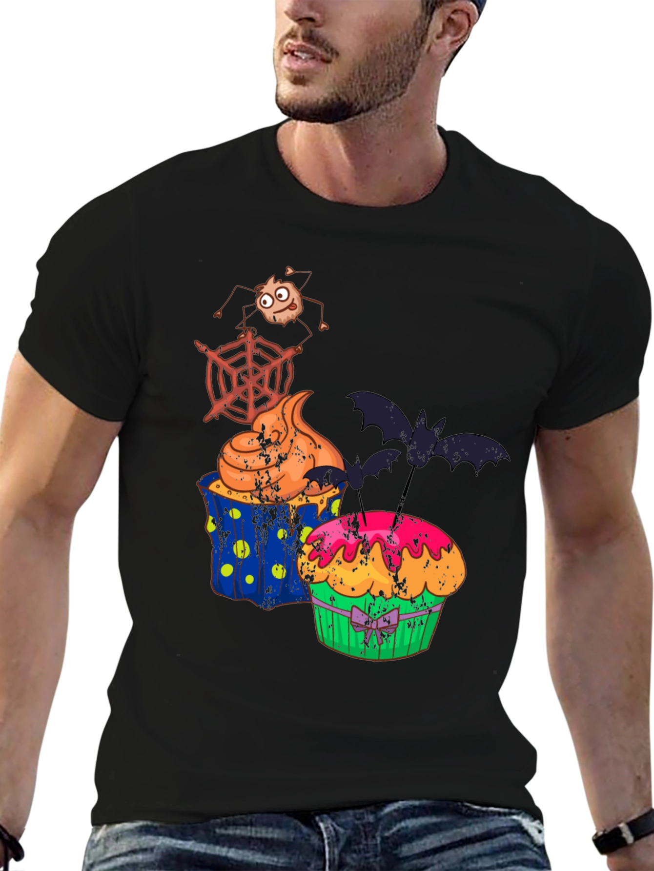 Halloween Cupcake T-Shirt Bat Spider Web Graphic Tee