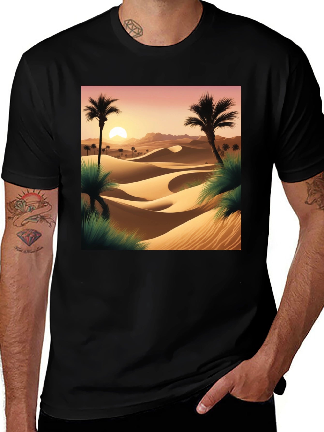 Desert Sunset Graphic Tee - Black Cotton T-Shirt