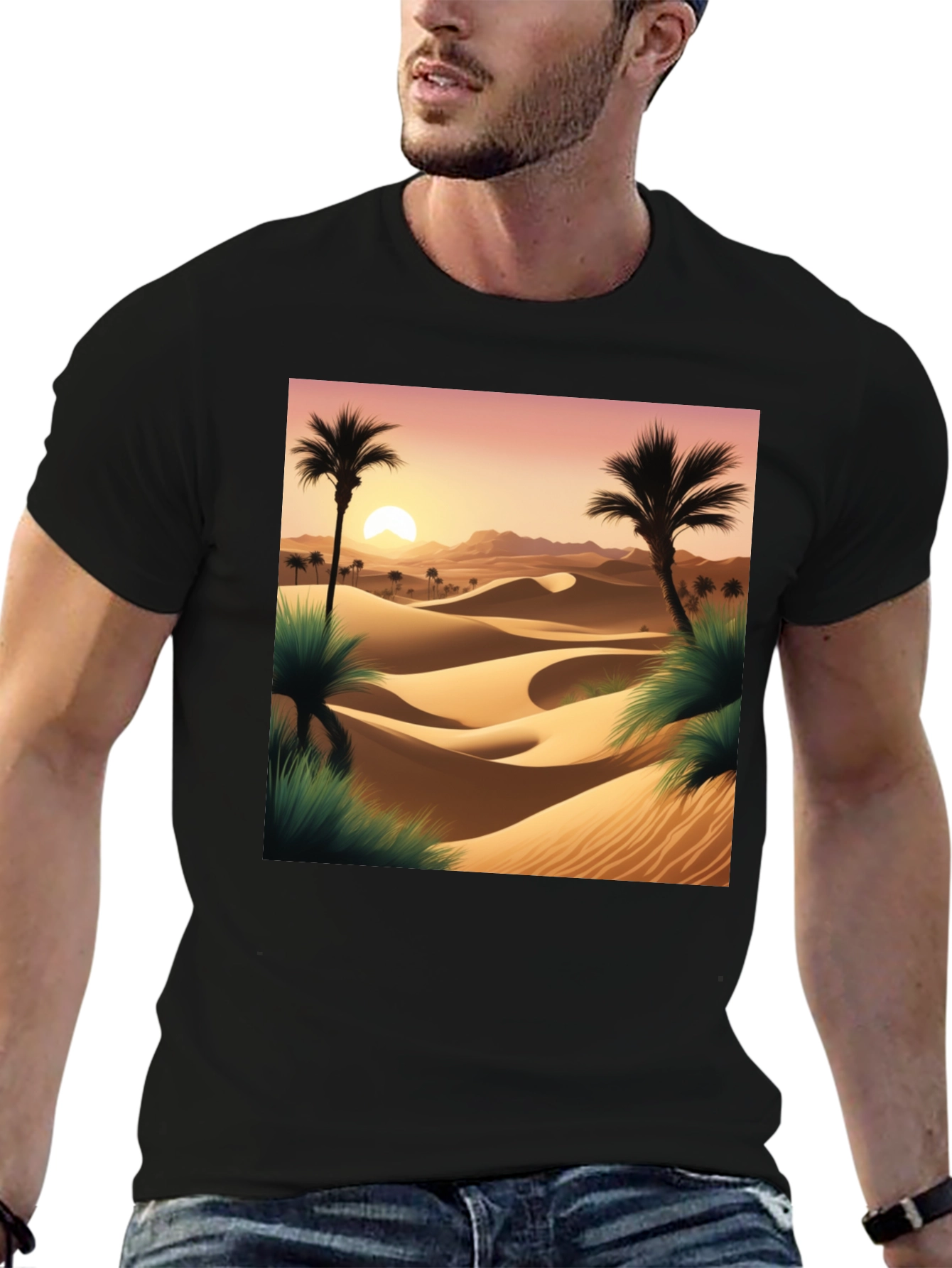 Desert Sunset Graphic Tee - Black Cotton T-Shirt