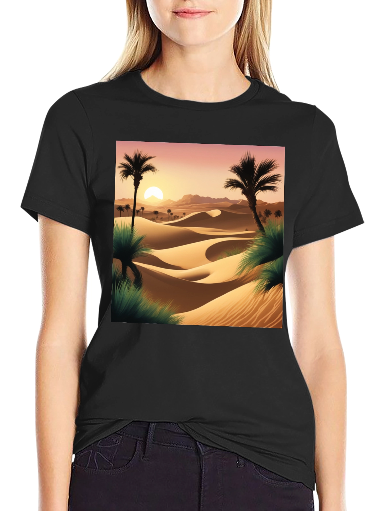 Desert Sunset Graphic Tee - Black Cotton T-Shirt