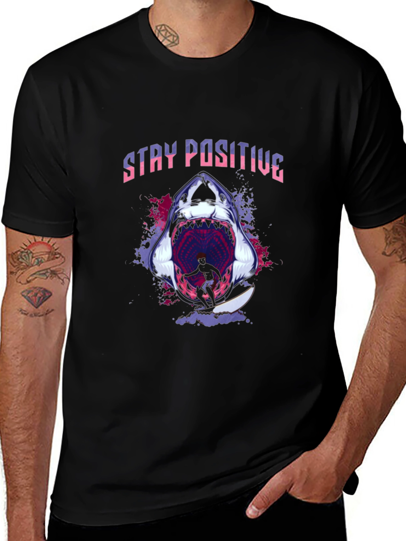 Stay Positive Shark T-Shirt - Black Graphic Tee