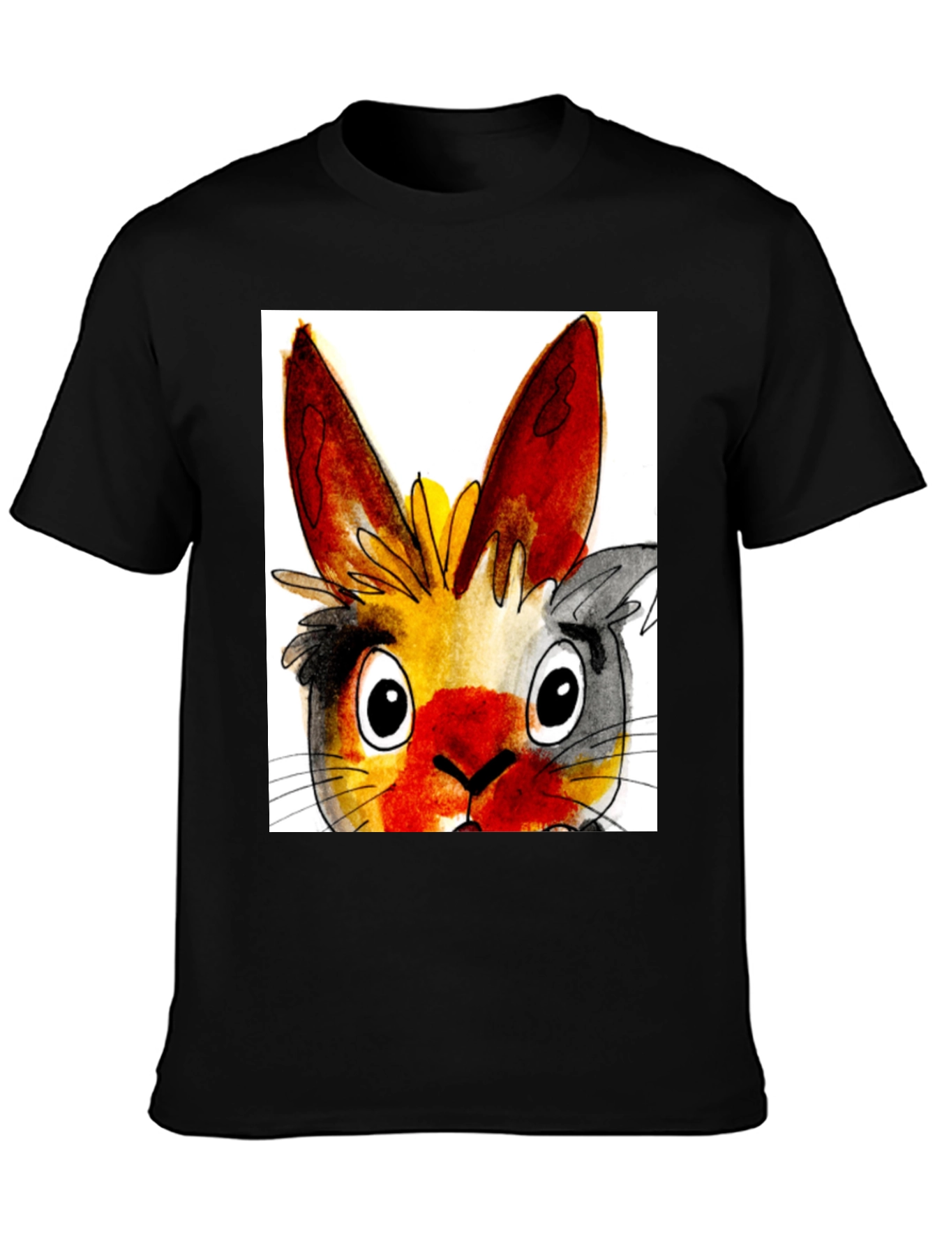 Whimsical Rabbit Graphic Tee - Black Cotton T-Shirt