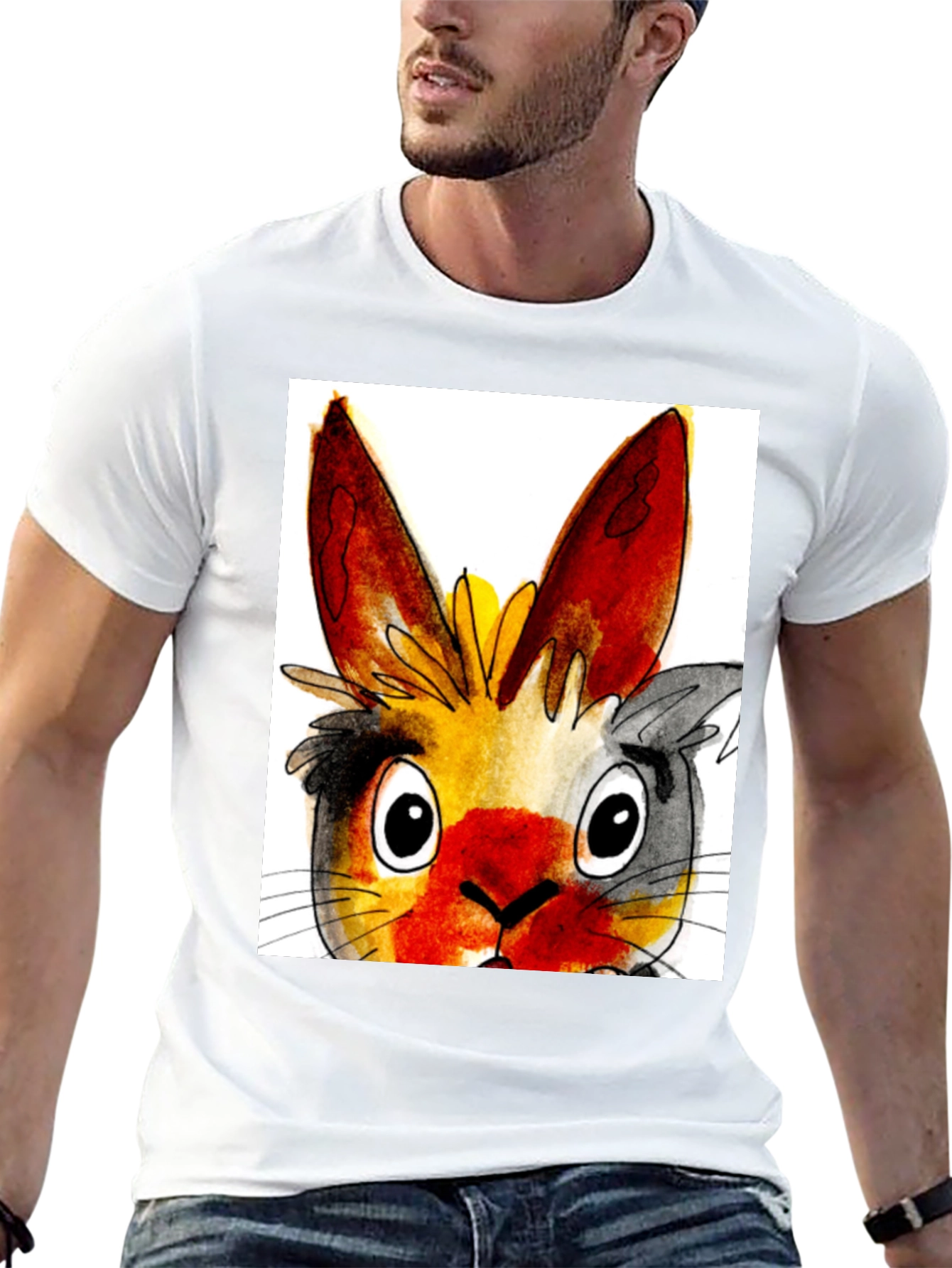 Whimsical Rabbit Graphic Tee - Black Cotton T-Shirt