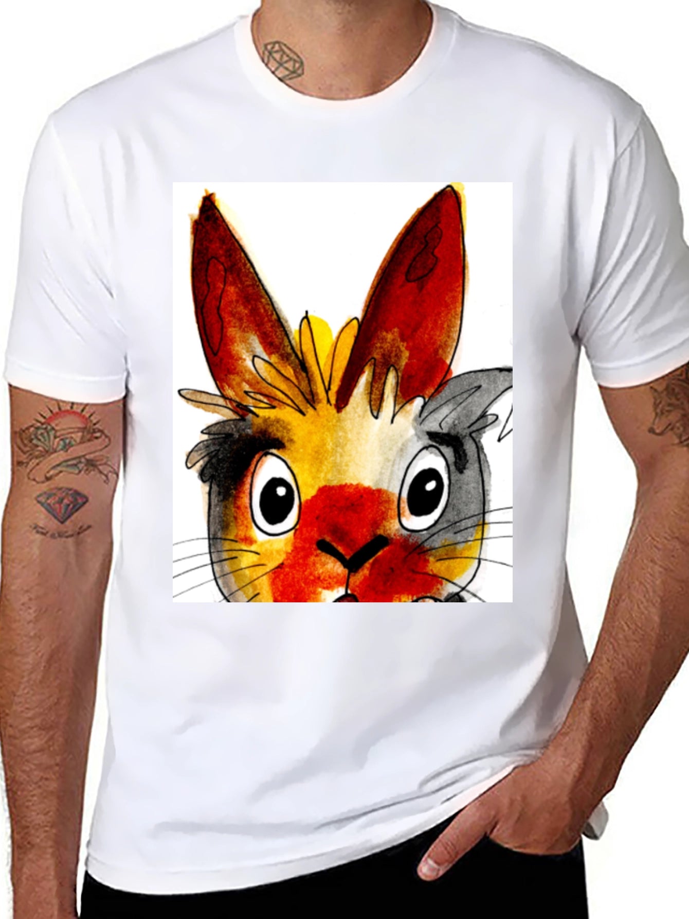 Whimsical Rabbit Graphic Tee - Black Cotton T-Shirt