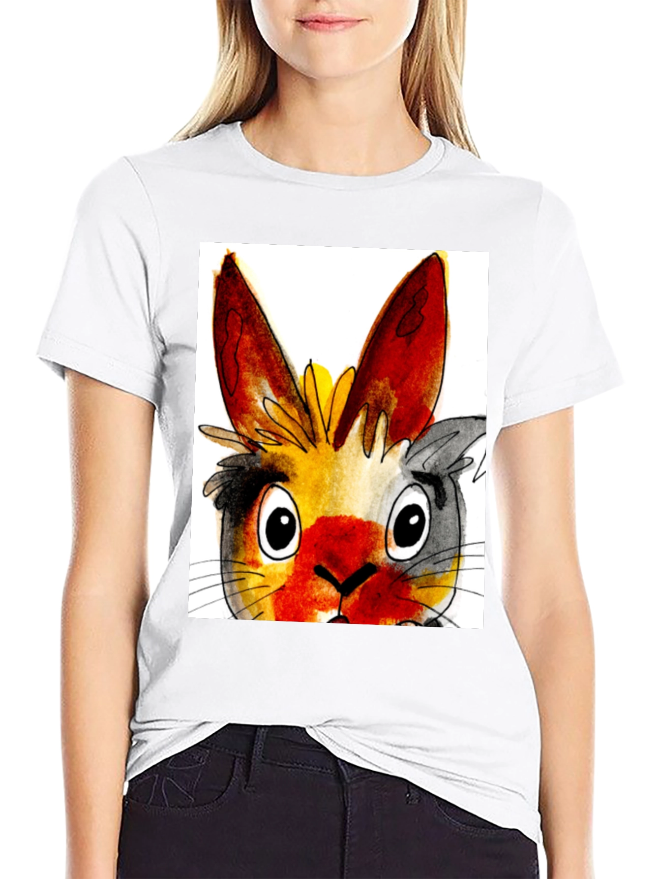 Whimsical Rabbit Graphic Tee - Black Cotton T-Shirt