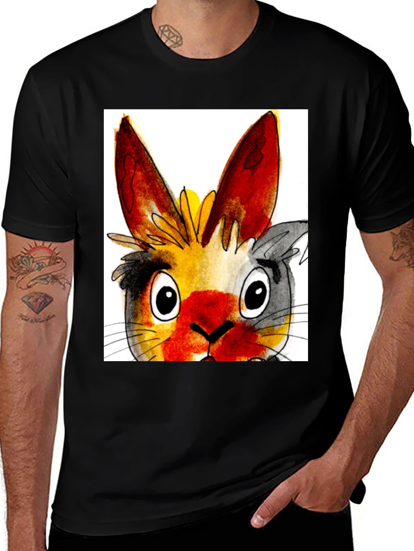 Whimsical Rabbit Graphic Tee - Black Cotton T-Shirt
