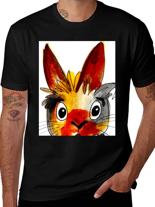 Whimsical Rabbit Graphic Tee - Black Cotton T-Shirt