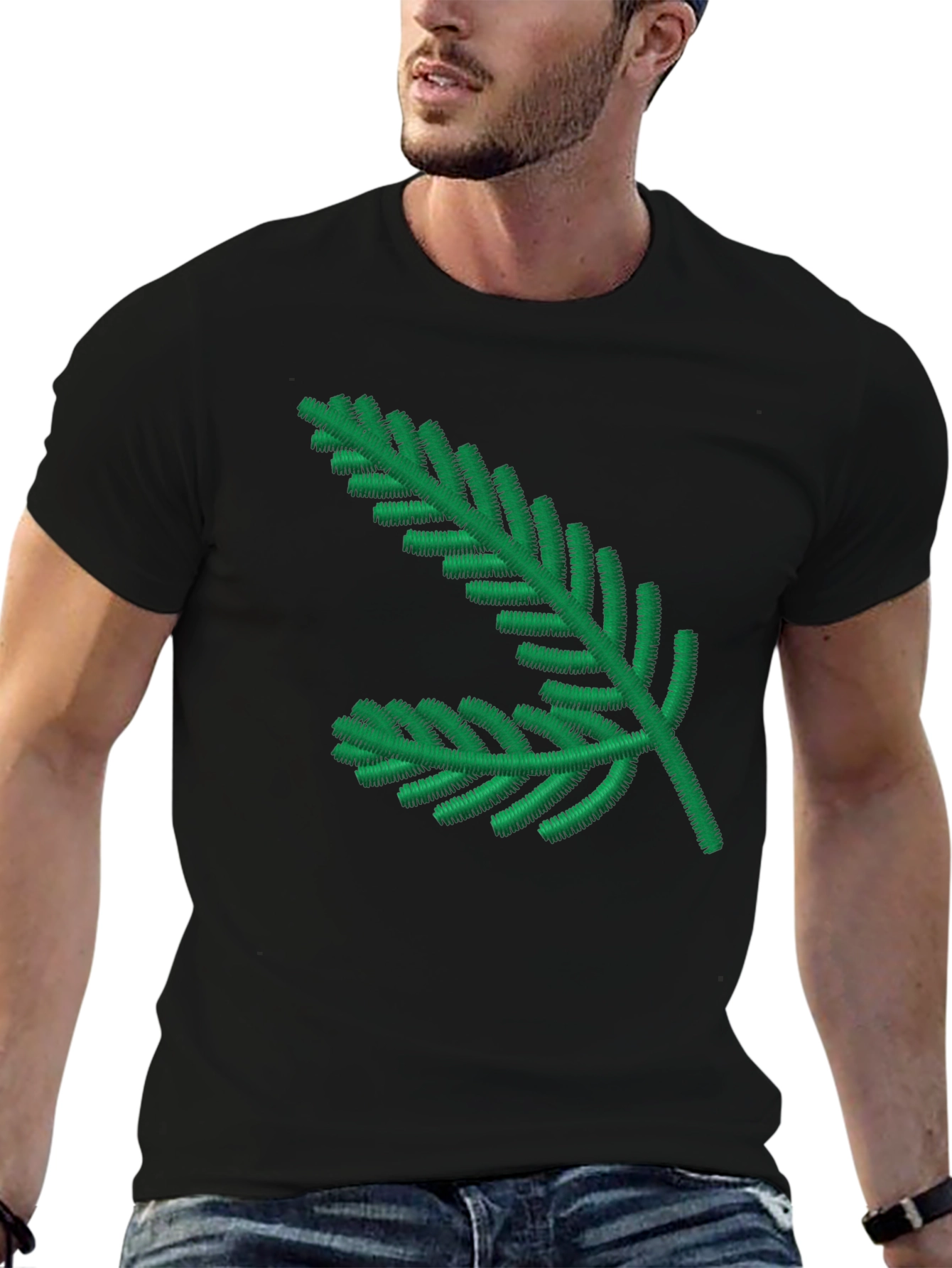 Green Pine Branch Black T-Shirt