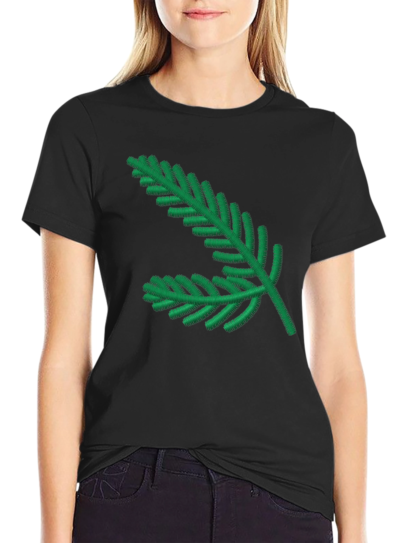 Green Pine Branch Black T-Shirt