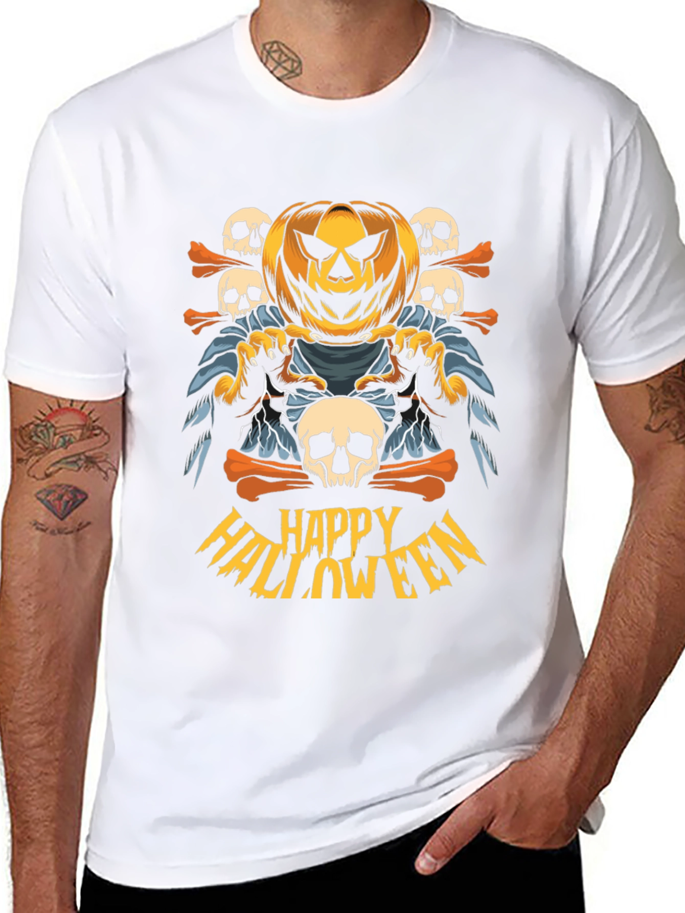 Happy Halloween Graphic T-Shirt - Pumpkin & Skulls