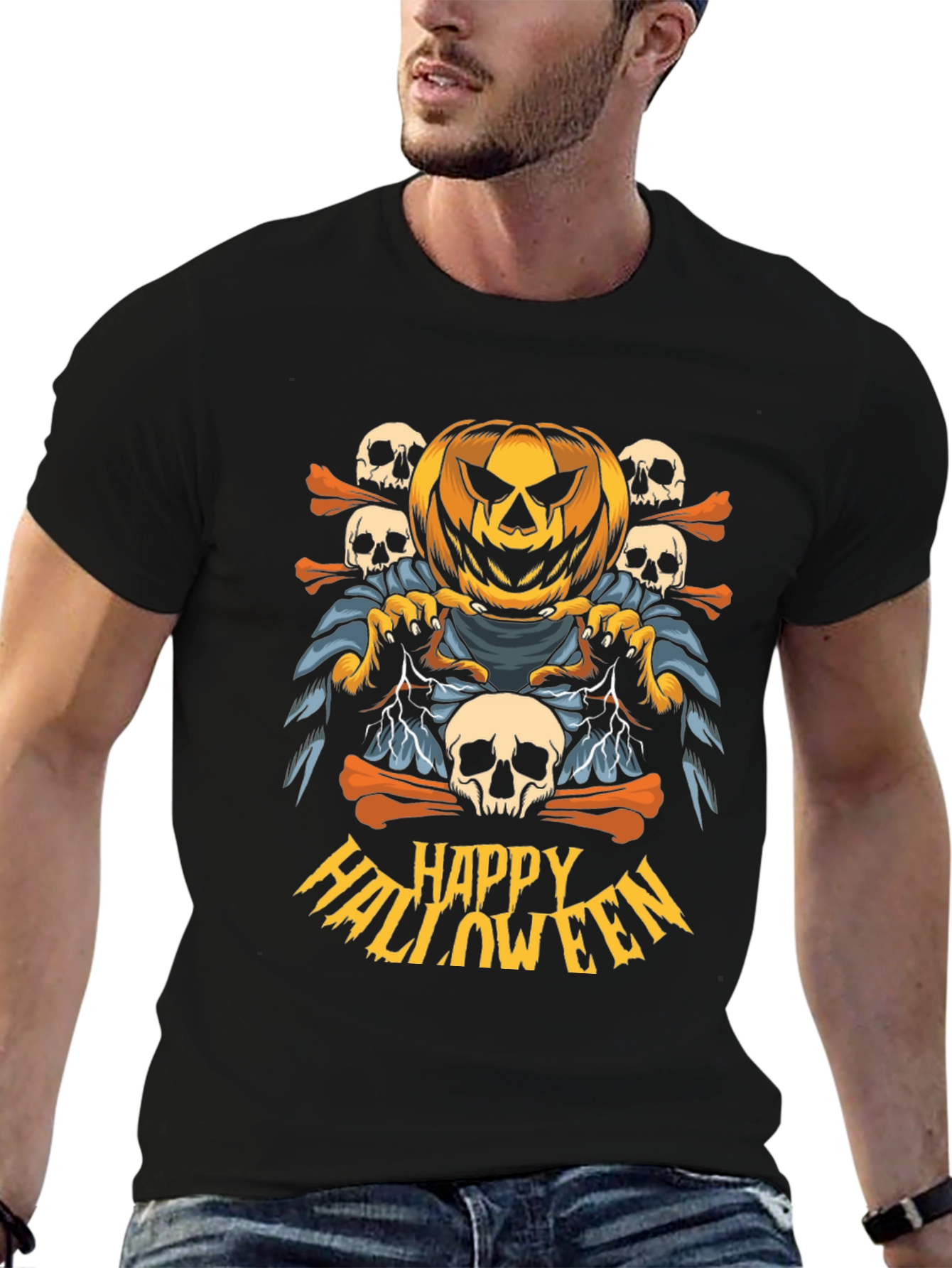 Happy Halloween Graphic T-Shirt - Pumpkin & Skulls