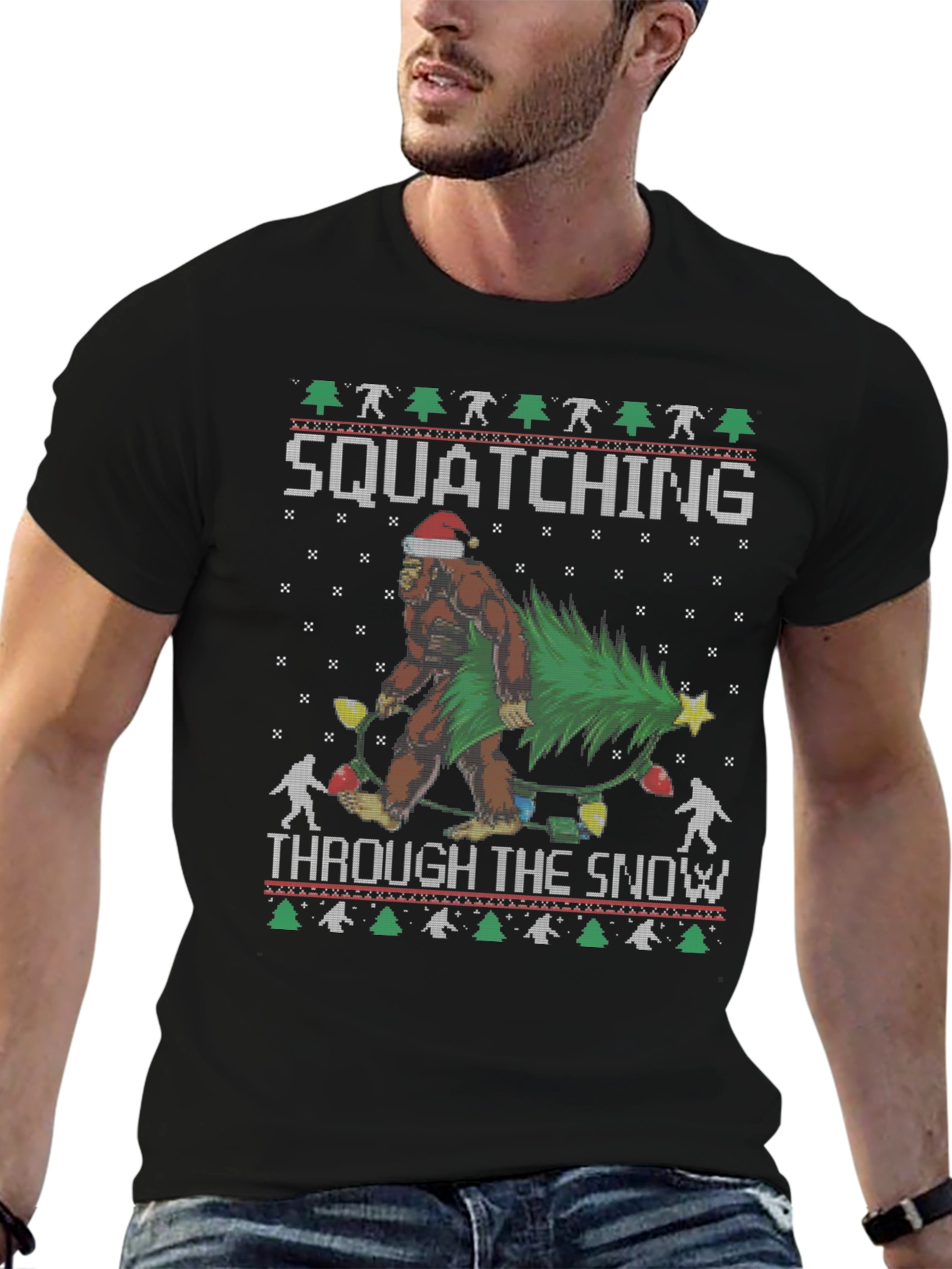 Squatching Through the Snow Ugly Christmas T-Shirt