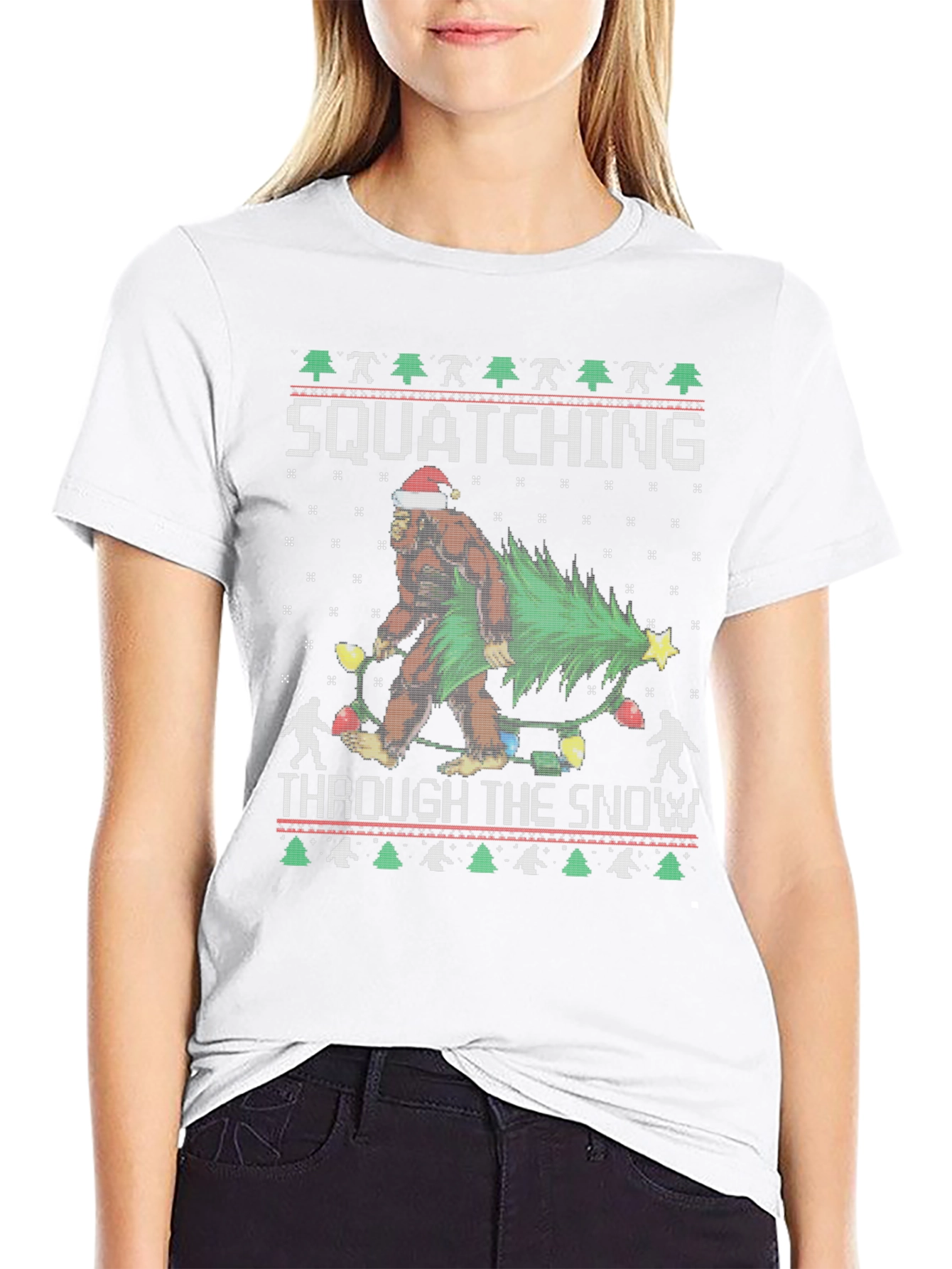 Squatching Through the Snow Ugly Christmas T-Shirt