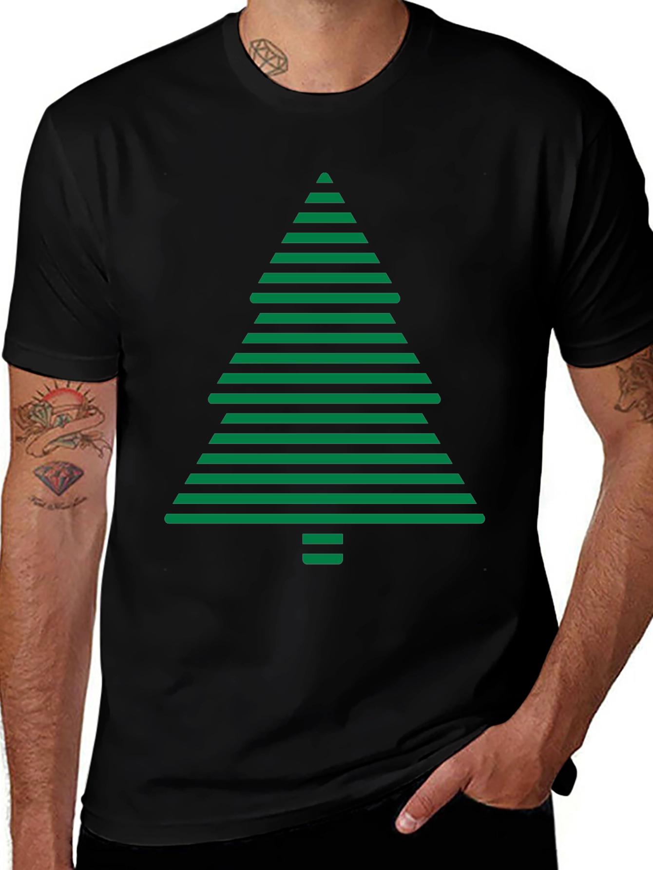 Striped Christmas Tree Graphic Tee - Holiday Style