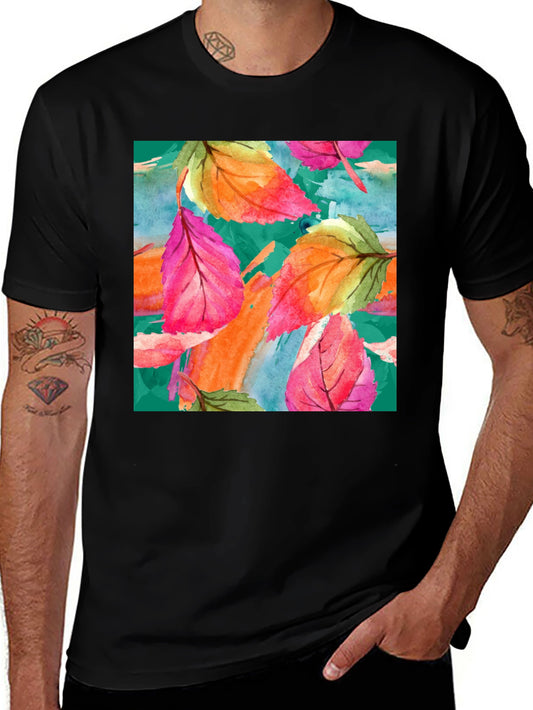 Watercolor Leaf Print Black T-Shirt