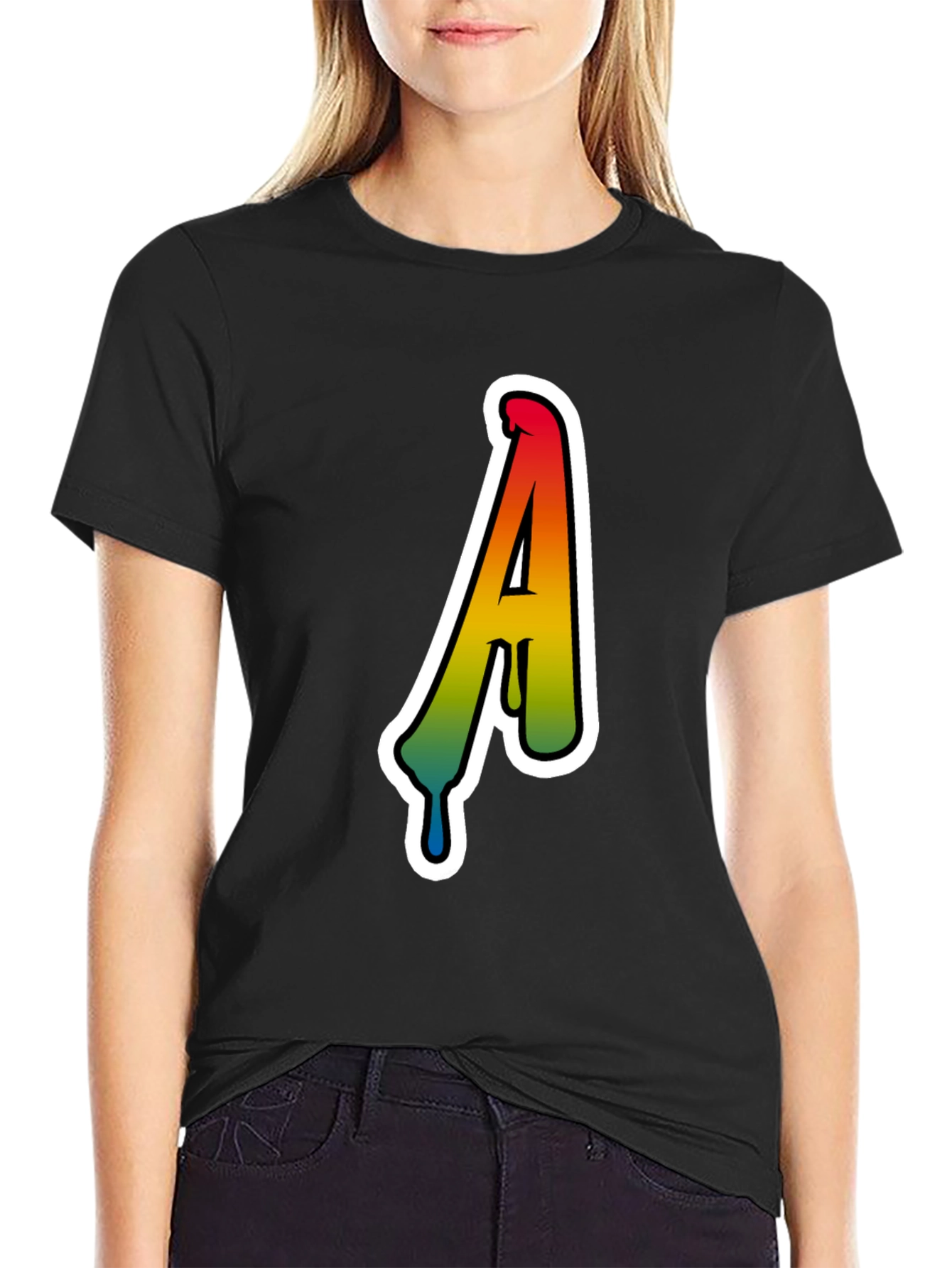 Rainbow Drip Letter A Black T-Shirt