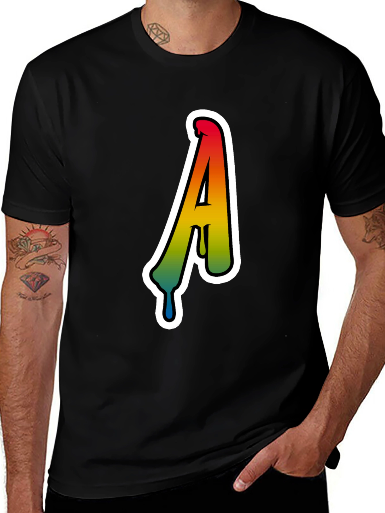 Rainbow Drip Letter A Black T-Shirt