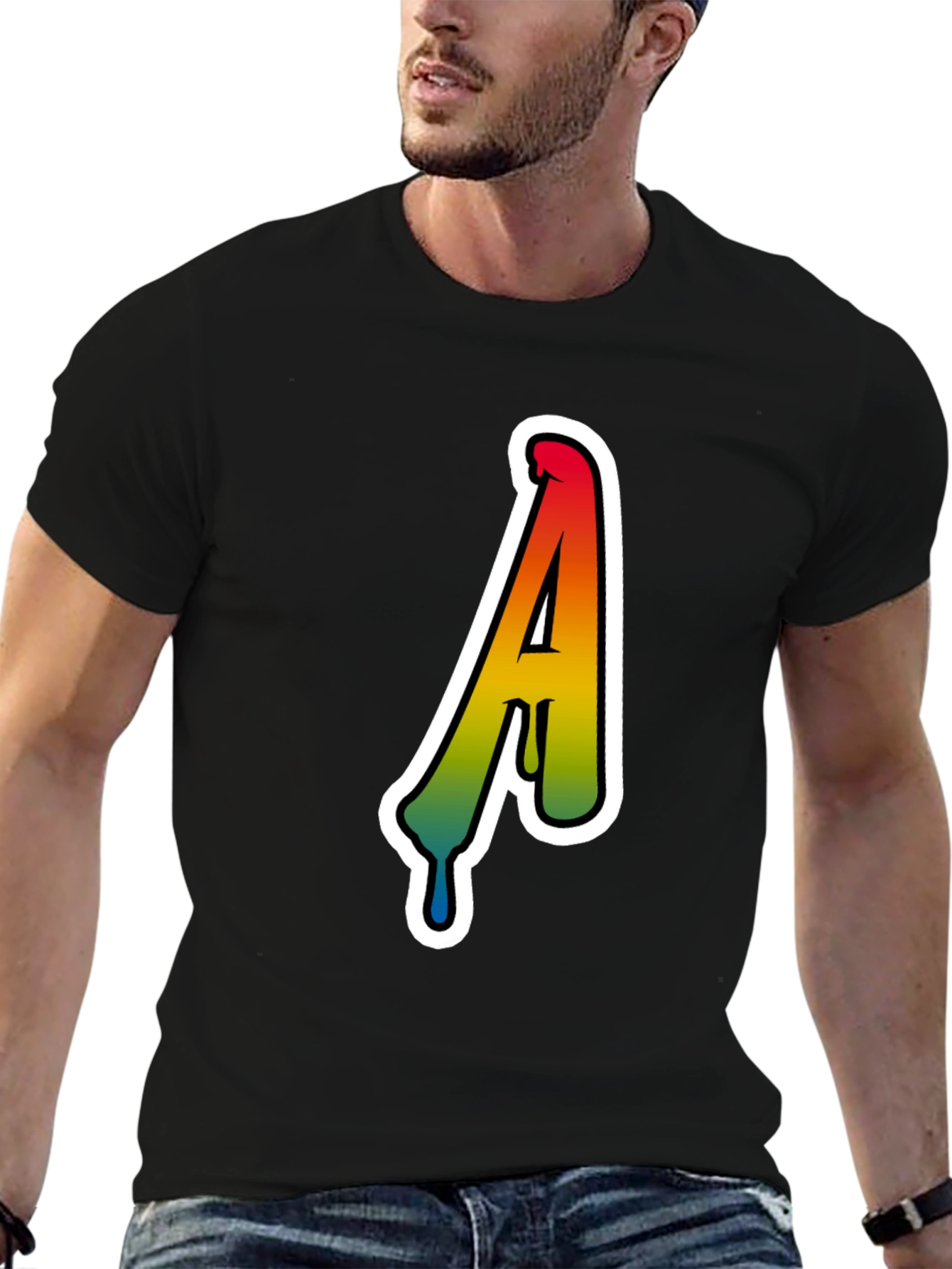 Rainbow Drip Letter A Black T-Shirt