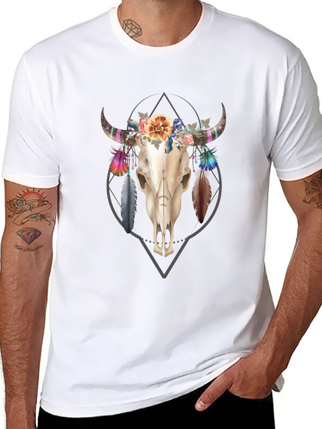 Floral Bull Skull Graphic Tee - Black