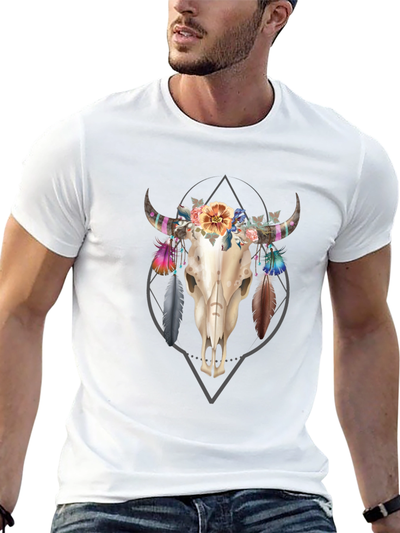 Floral Bull Skull Graphic Tee - Black