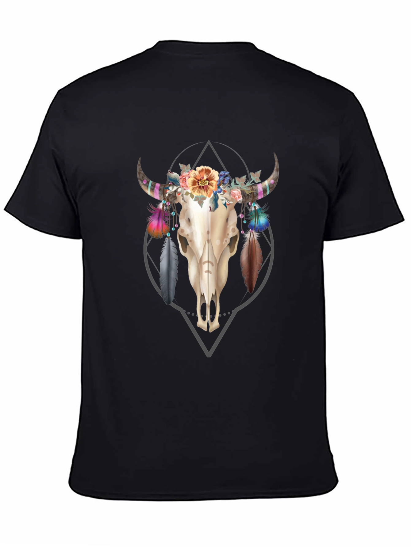 Floral Bull Skull Graphic Tee - Black