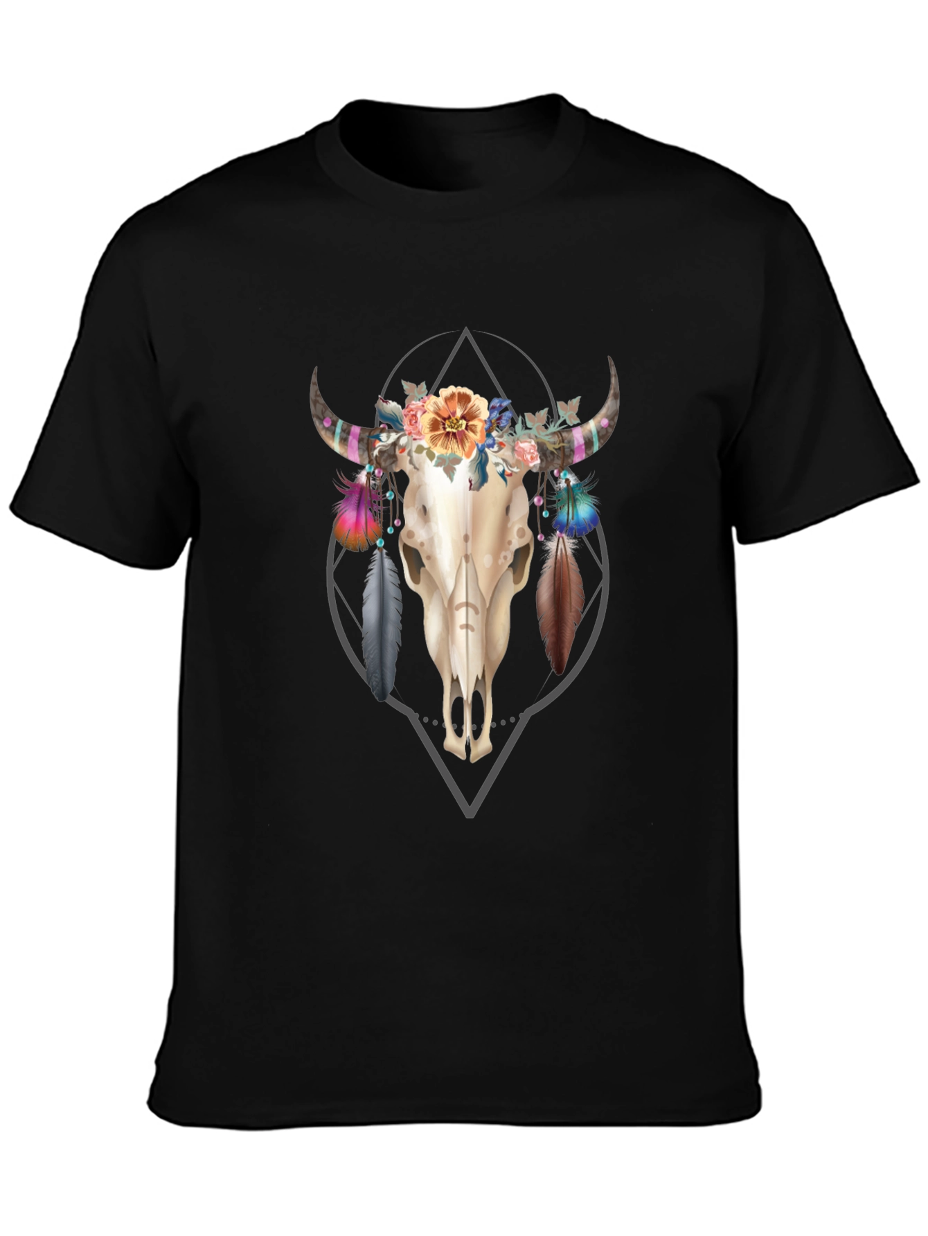 Floral Bull Skull Graphic Tee - Black