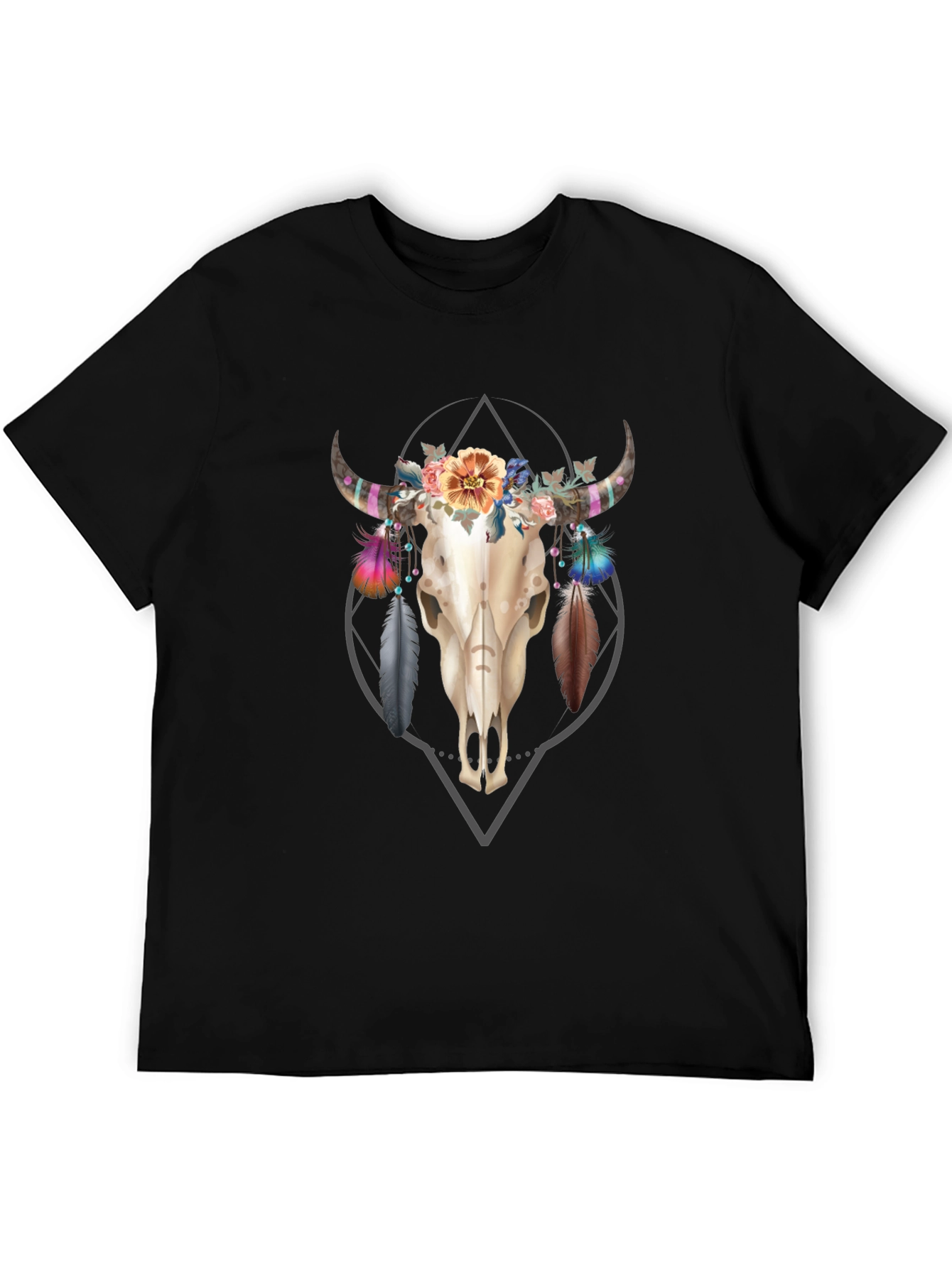 Floral Bull Skull Graphic Tee - Black
