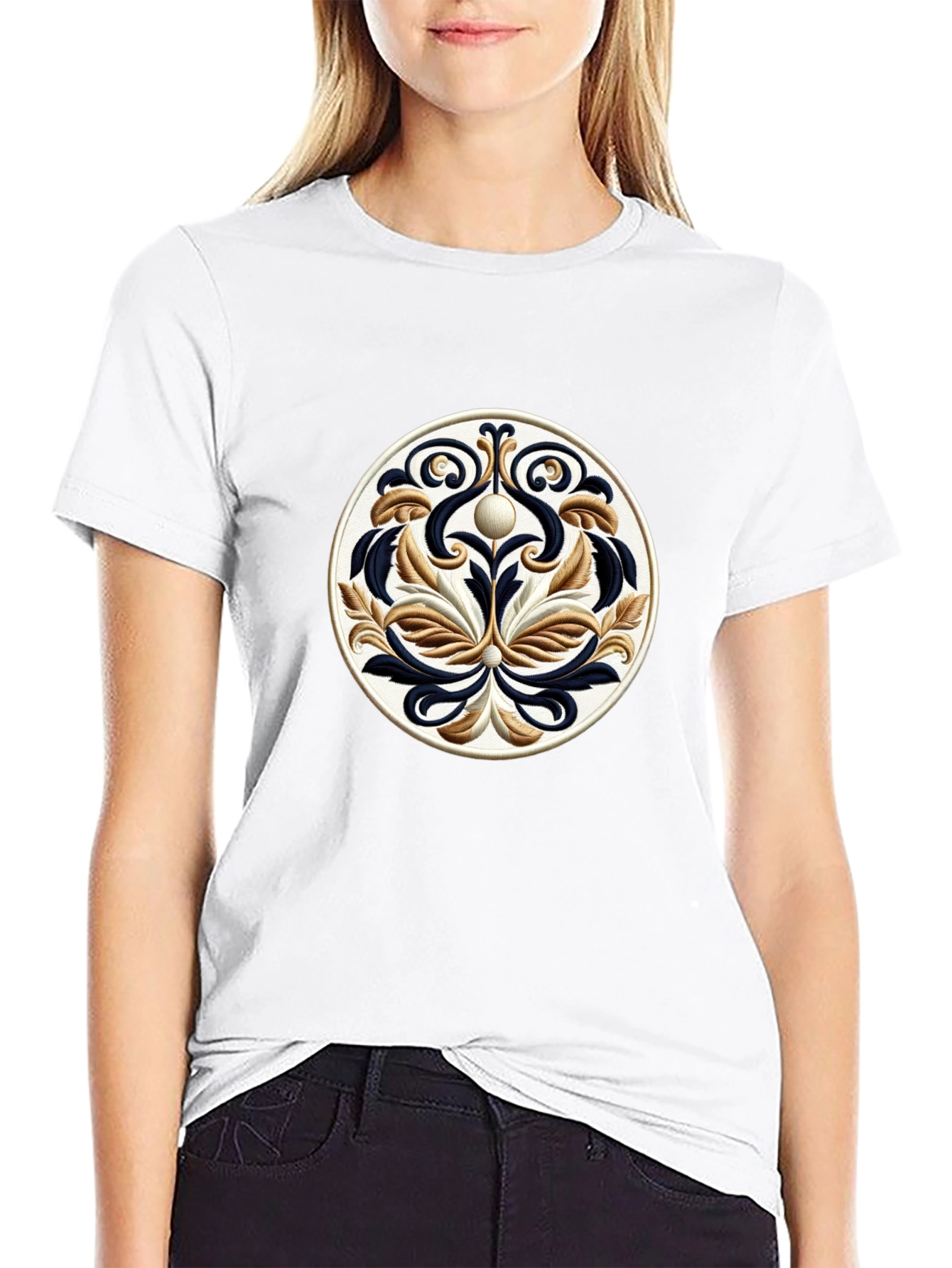 Elegant Black T-Shirt with Ornamental Circle Design