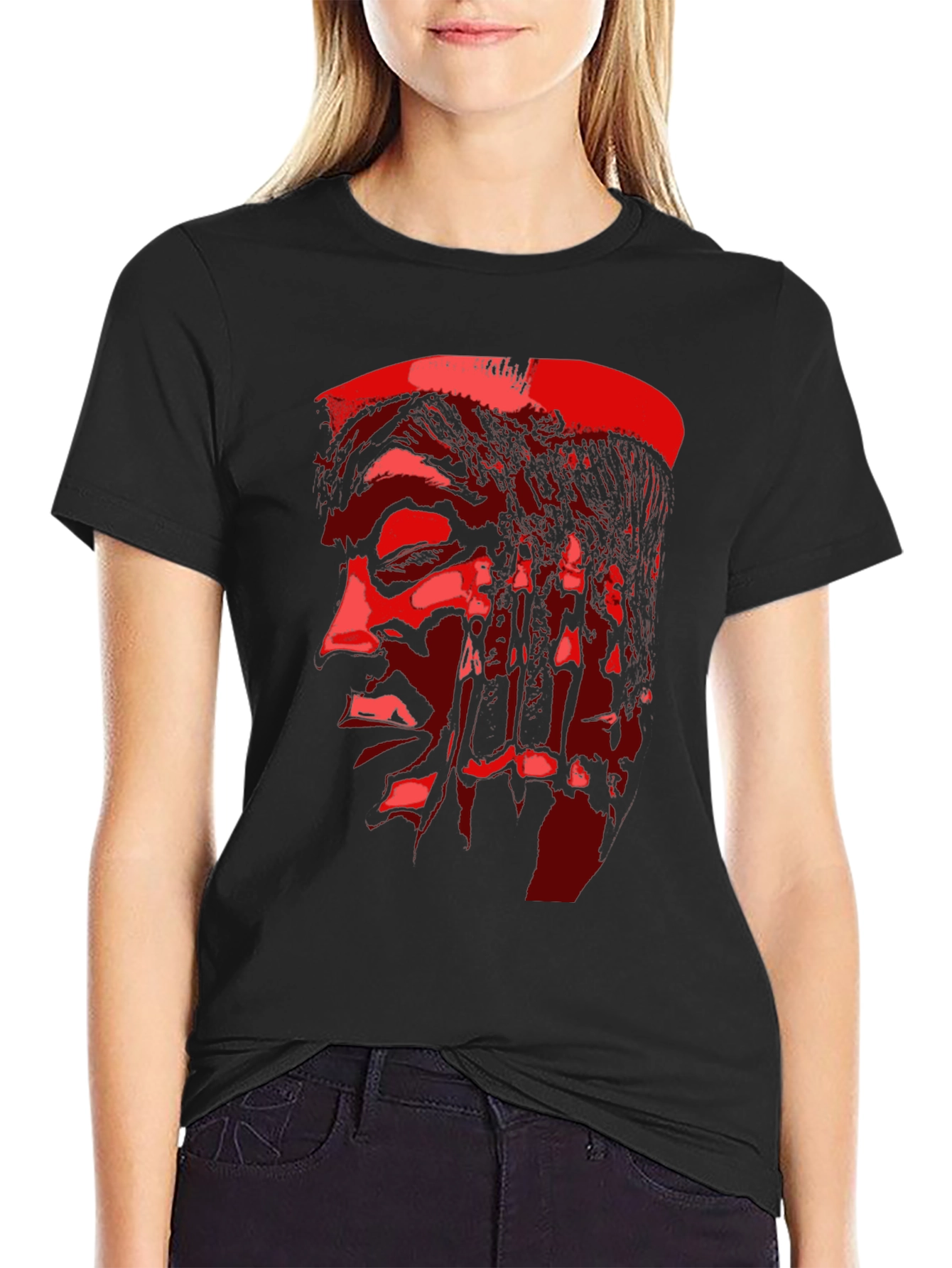 Red Face Print Black T-Shirt