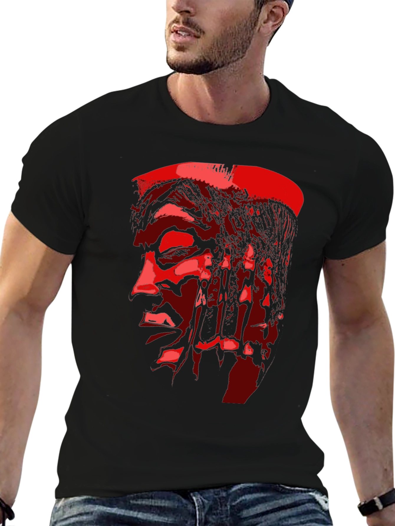 Red Face Print Black T-Shirt