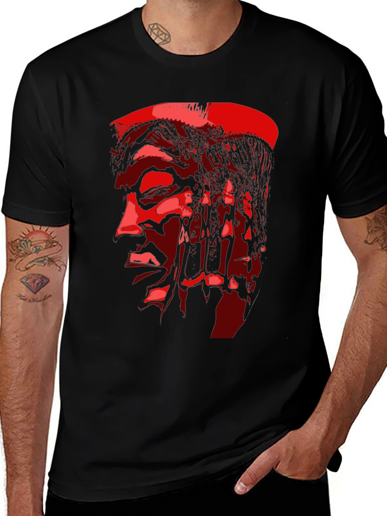 Red Face Print Black T-Shirt