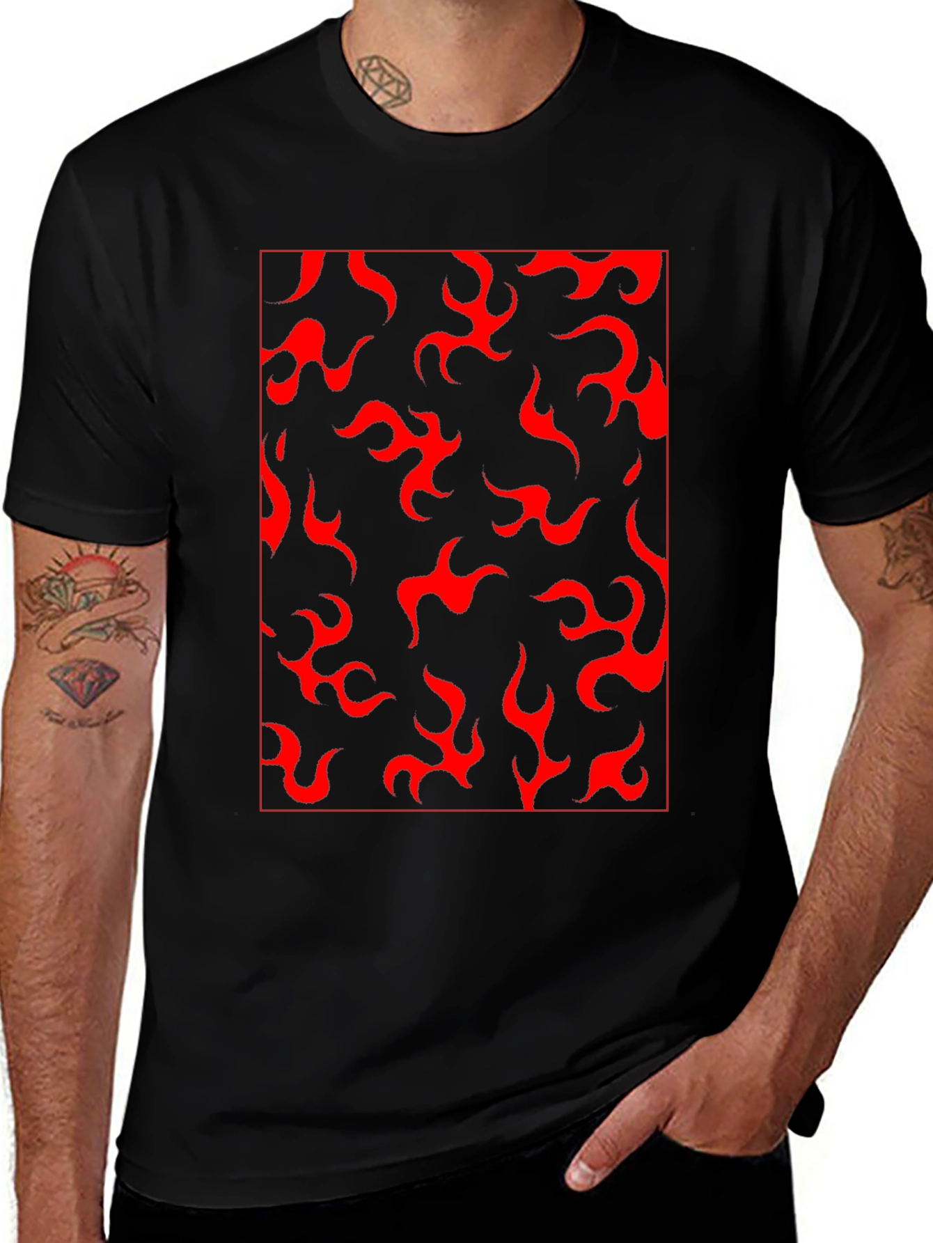 Red Flame Print Black T-Shirt - Casual Style
