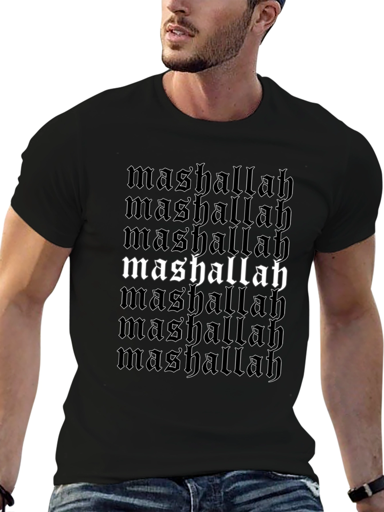 Mashallah Text Print Black T-Shirt