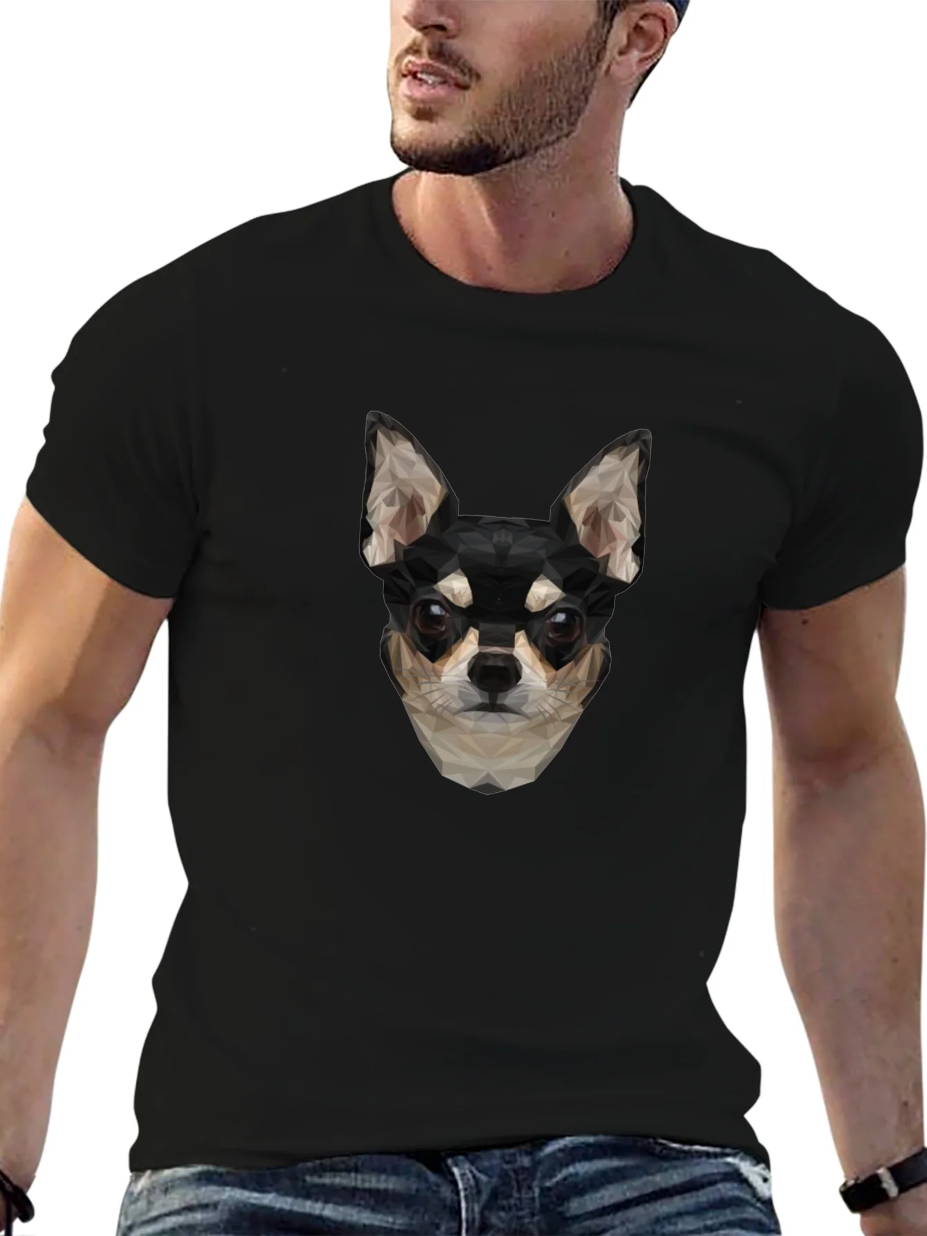 Geometric Chihuahua Print Black T-Shirt