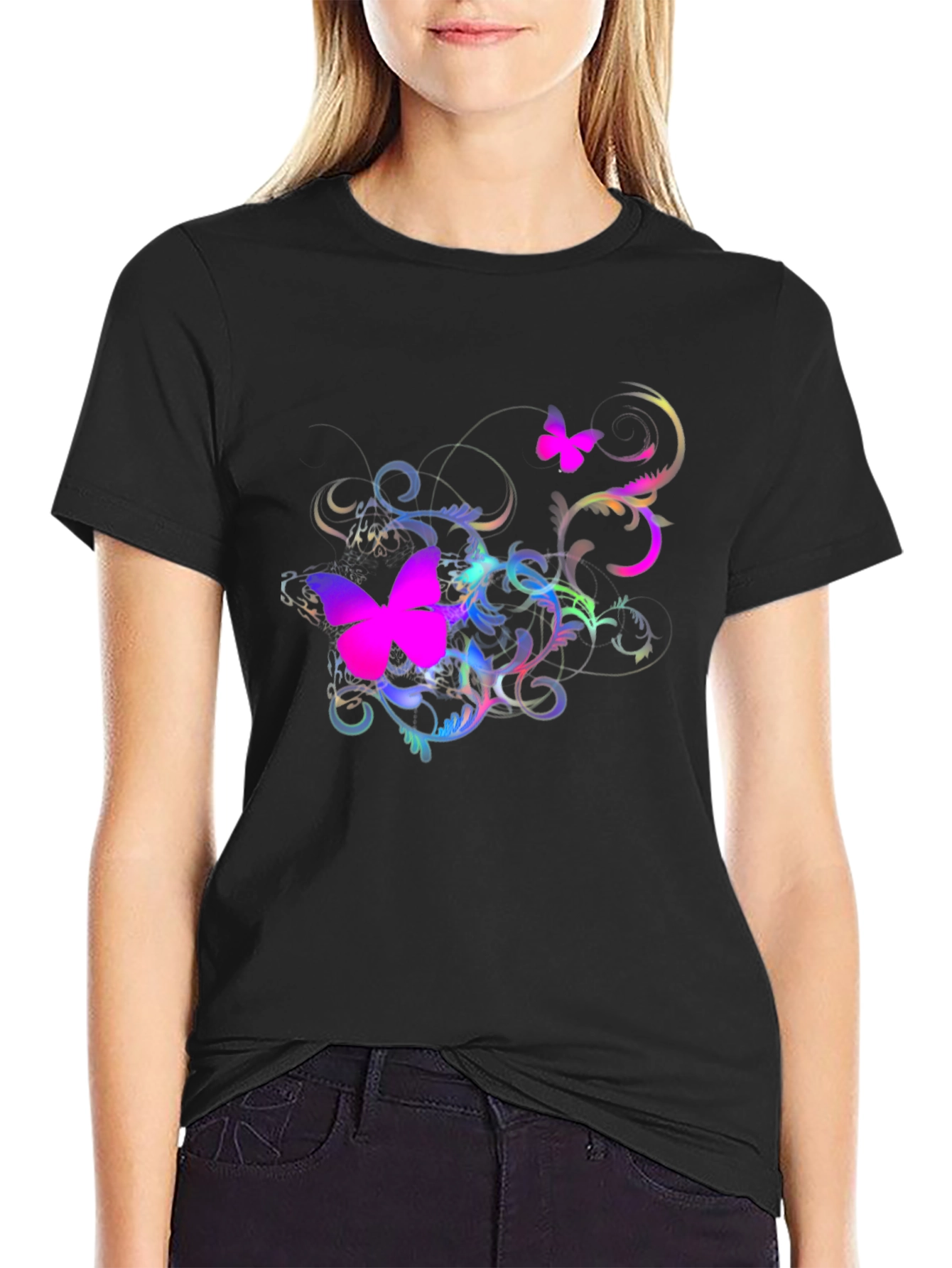 Butterfly Swirl Graphic Black T-Shirt