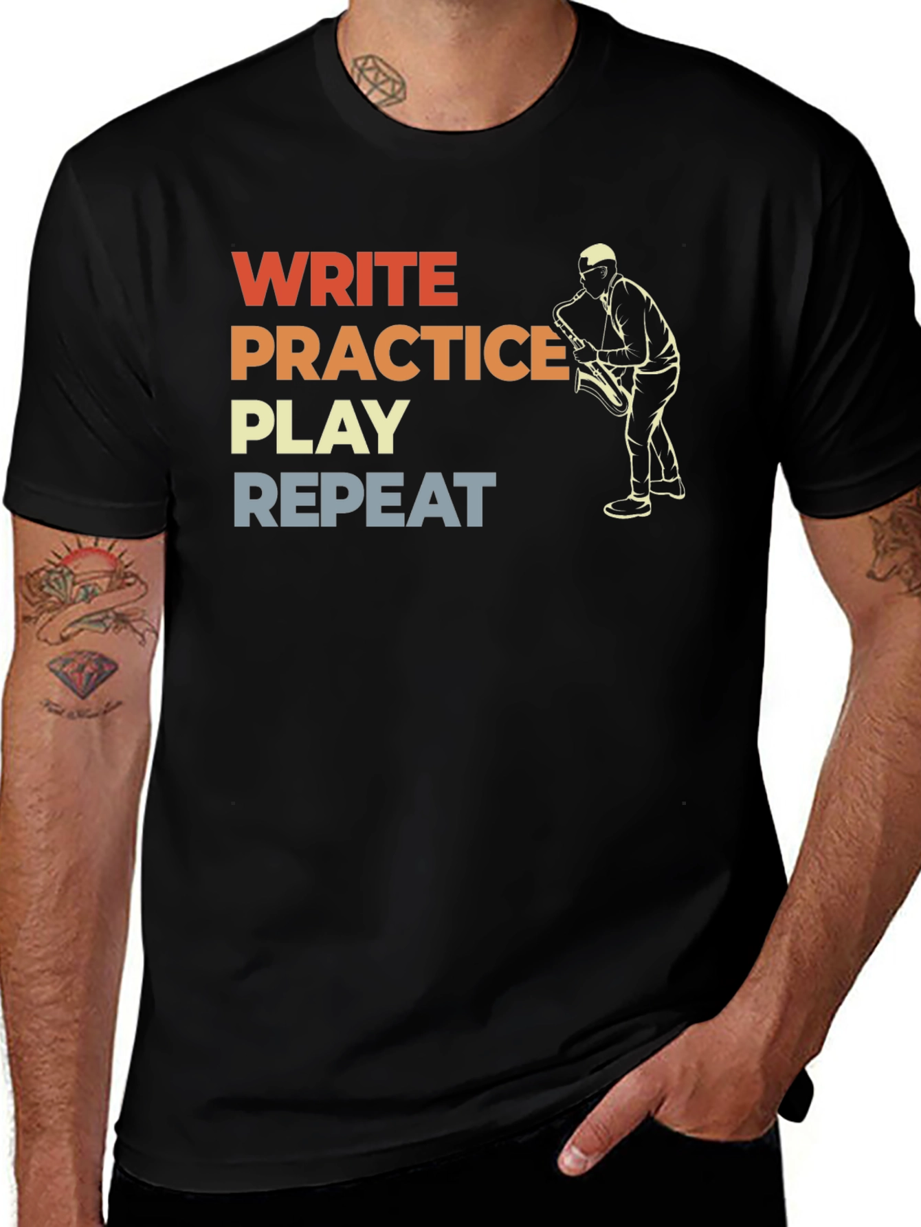 Musician T-Shirt: Write Practice Play Repeat Saxophone Tee