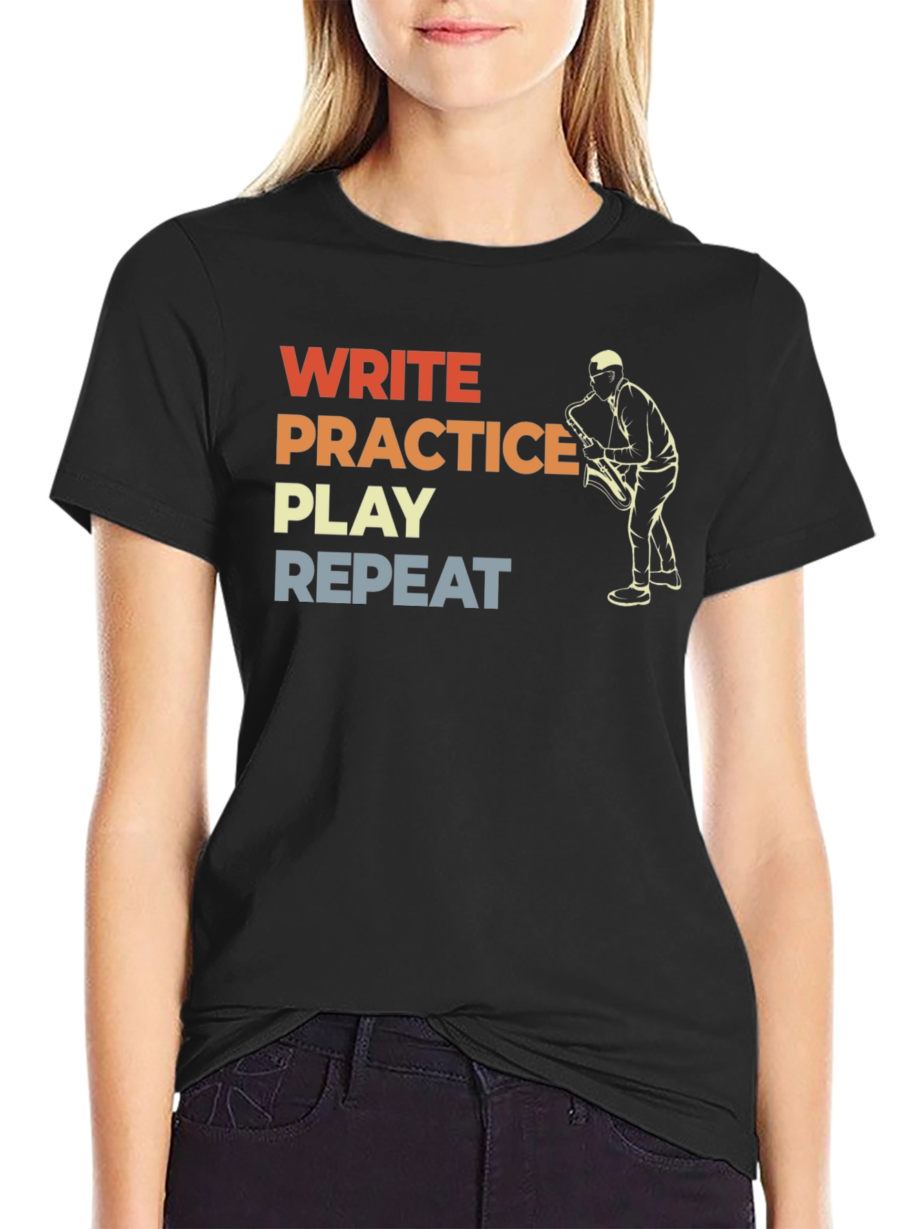 Musician T-Shirt: Write Practice Play Repeat Saxophone Tee