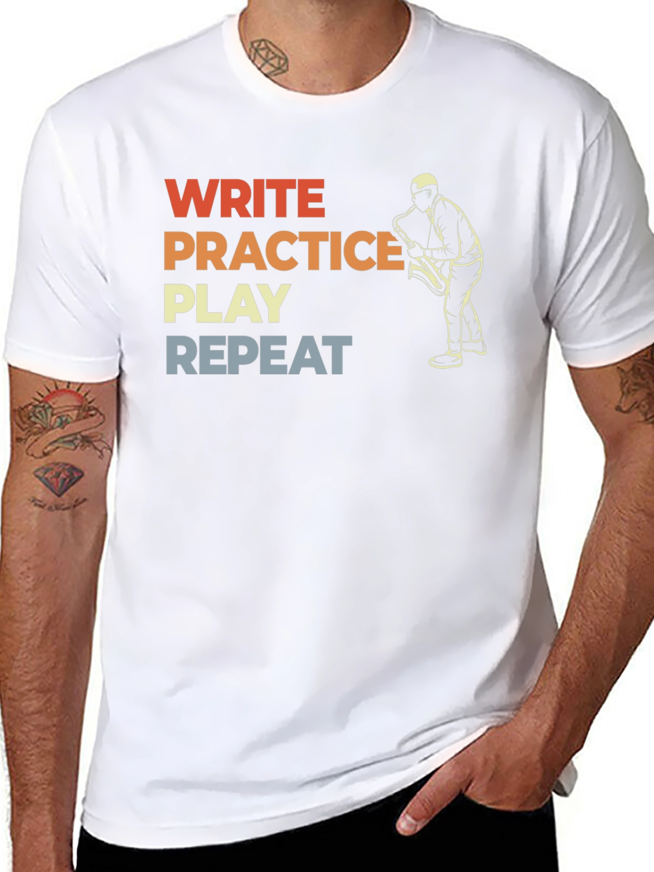 Musician T-Shirt: Write Practice Play Repeat Saxophone Tee