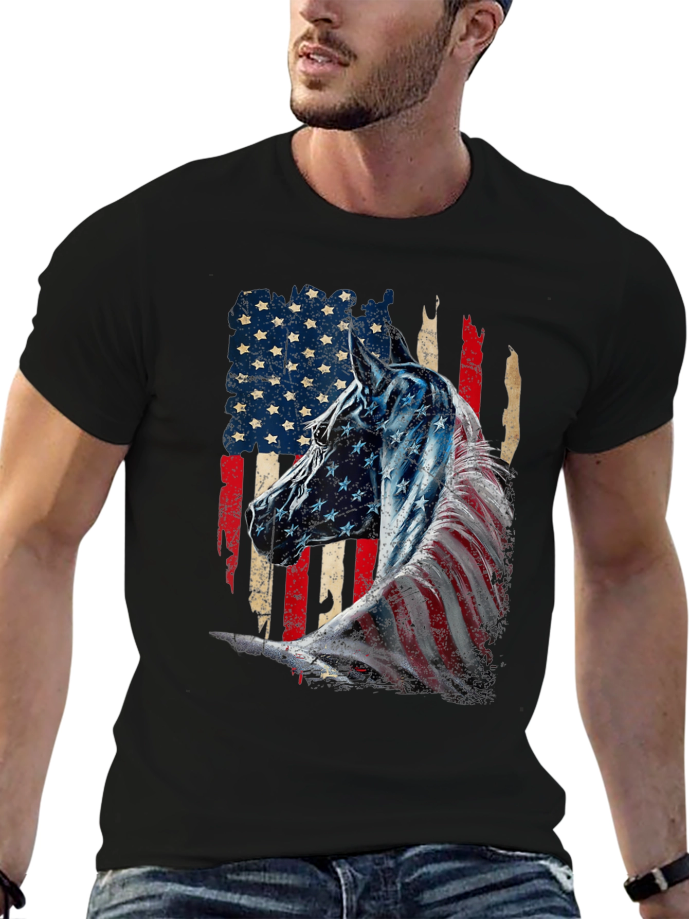 American Flag Horse Graphic Tee - Patriotic Style