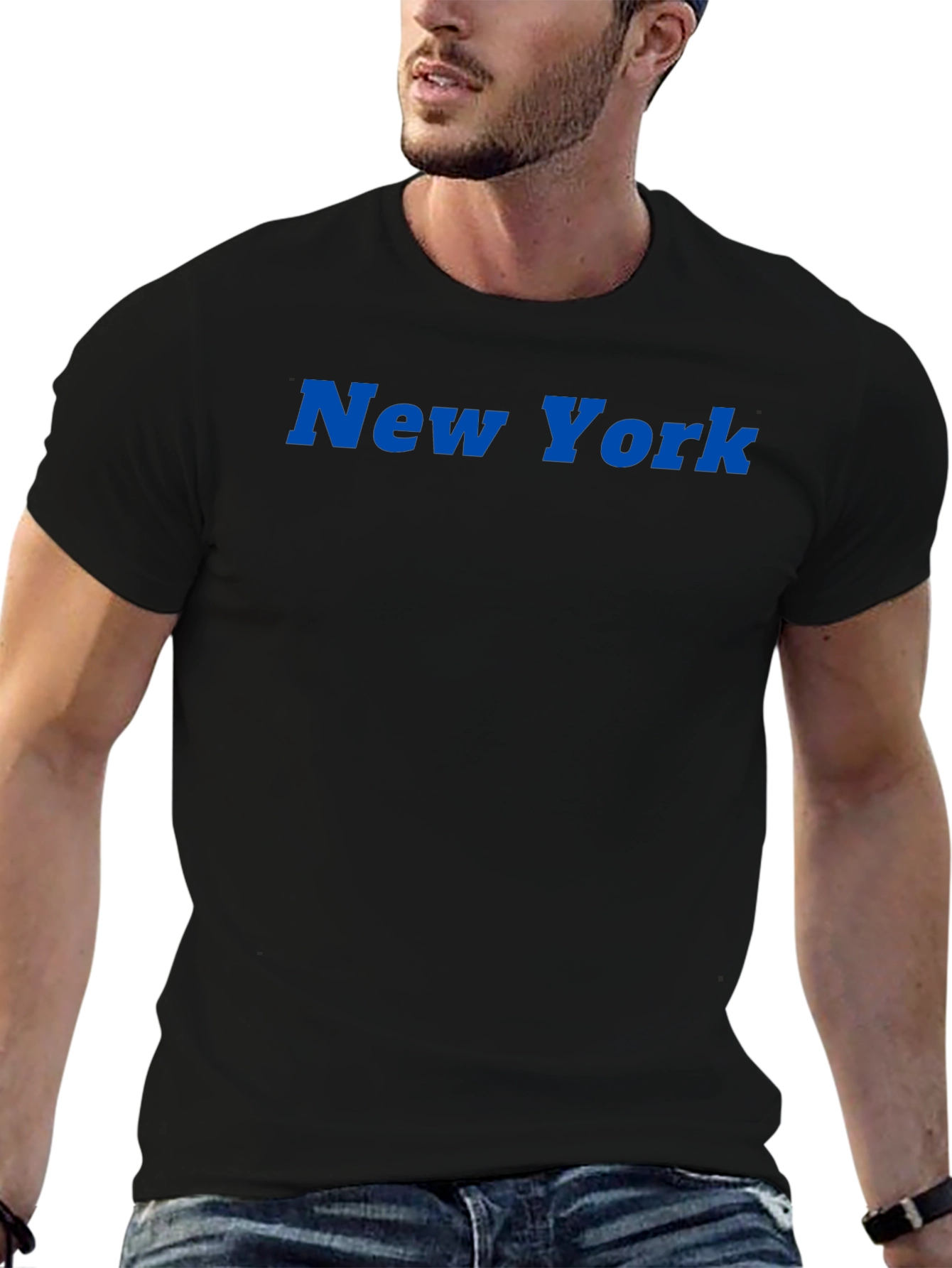 New York Blue Text Black T-Shirt