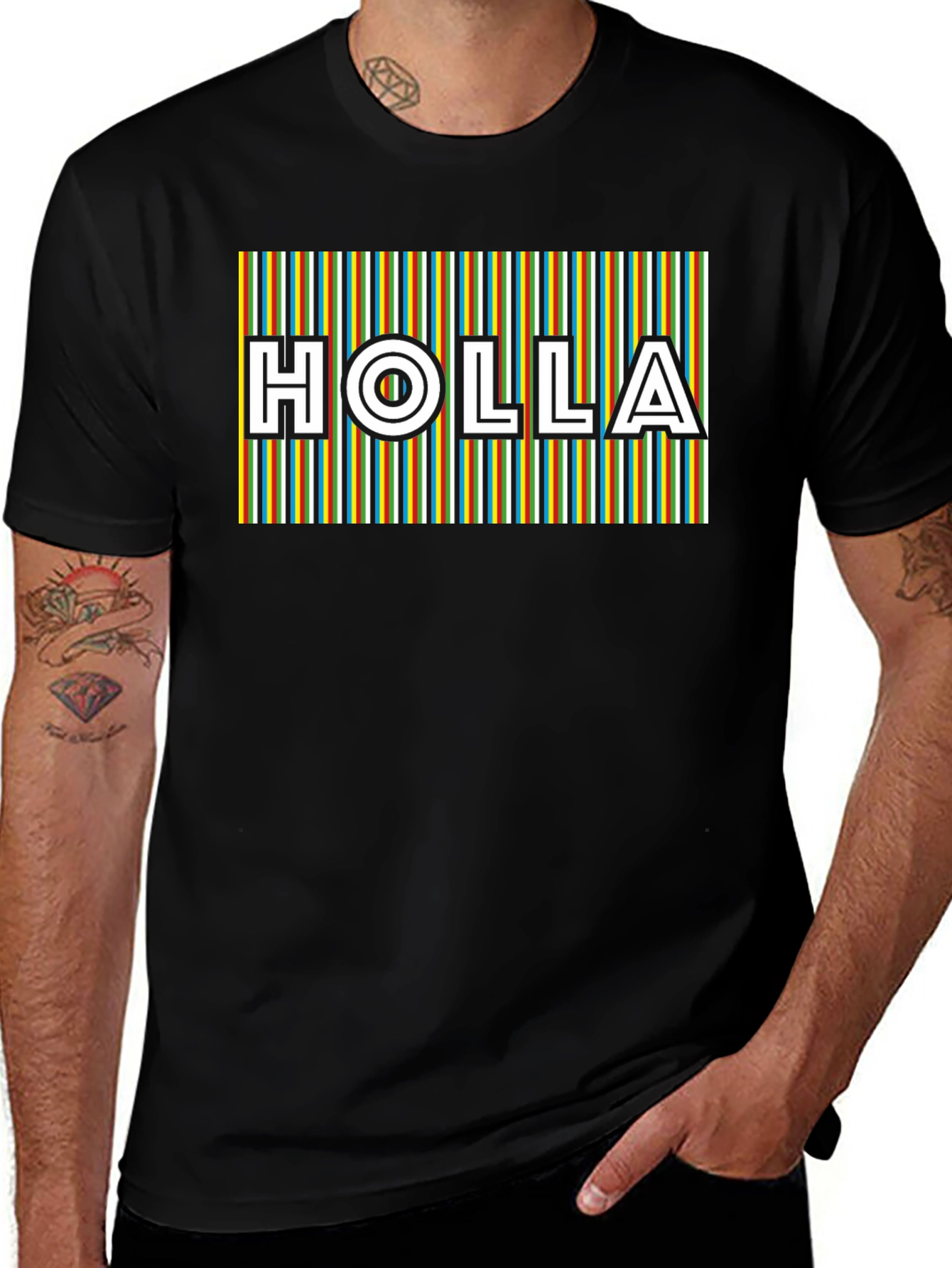 HOLLA Striped Graphic Tee - Mens Black T-Shirt