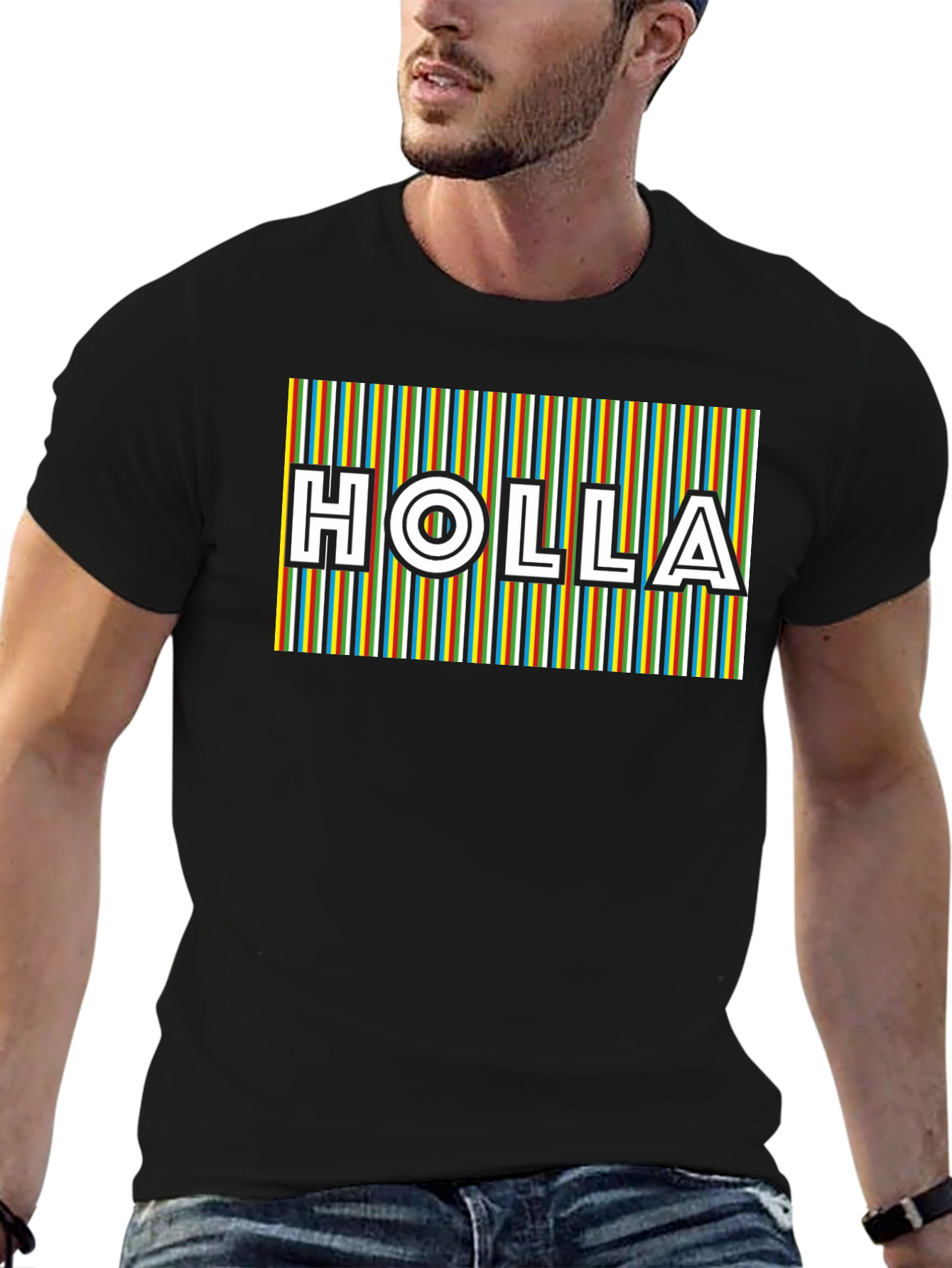 HOLLA Striped Graphic Tee - Mens Black T-Shirt