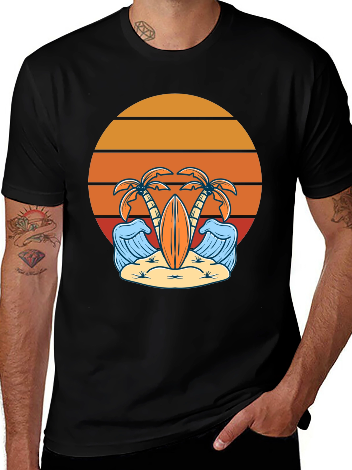 Retro Beach Vibes T-Shirt - Palm Trees & Surfboard