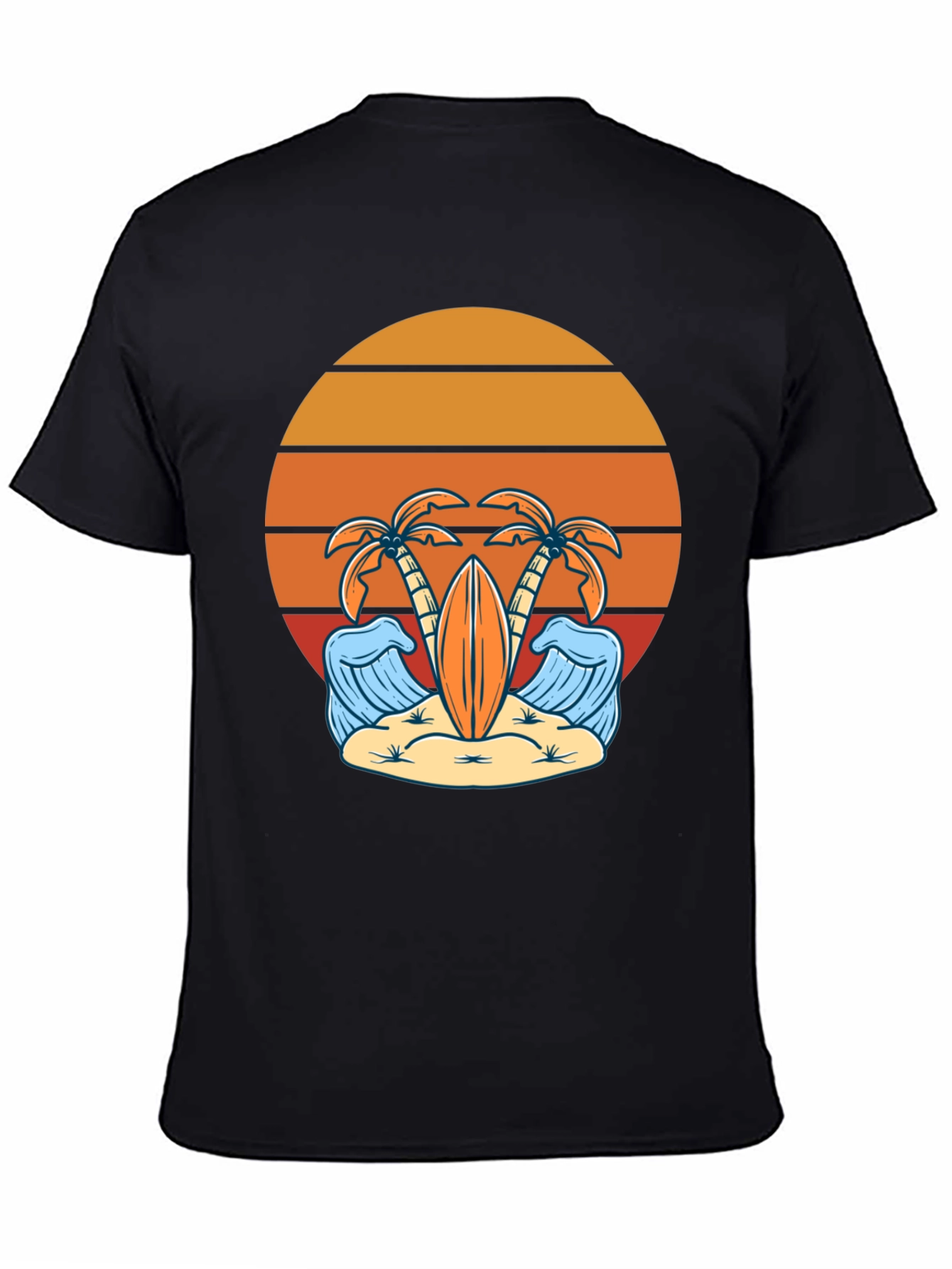 Retro Beach Vibes T-Shirt - Palm Trees & Surfboard