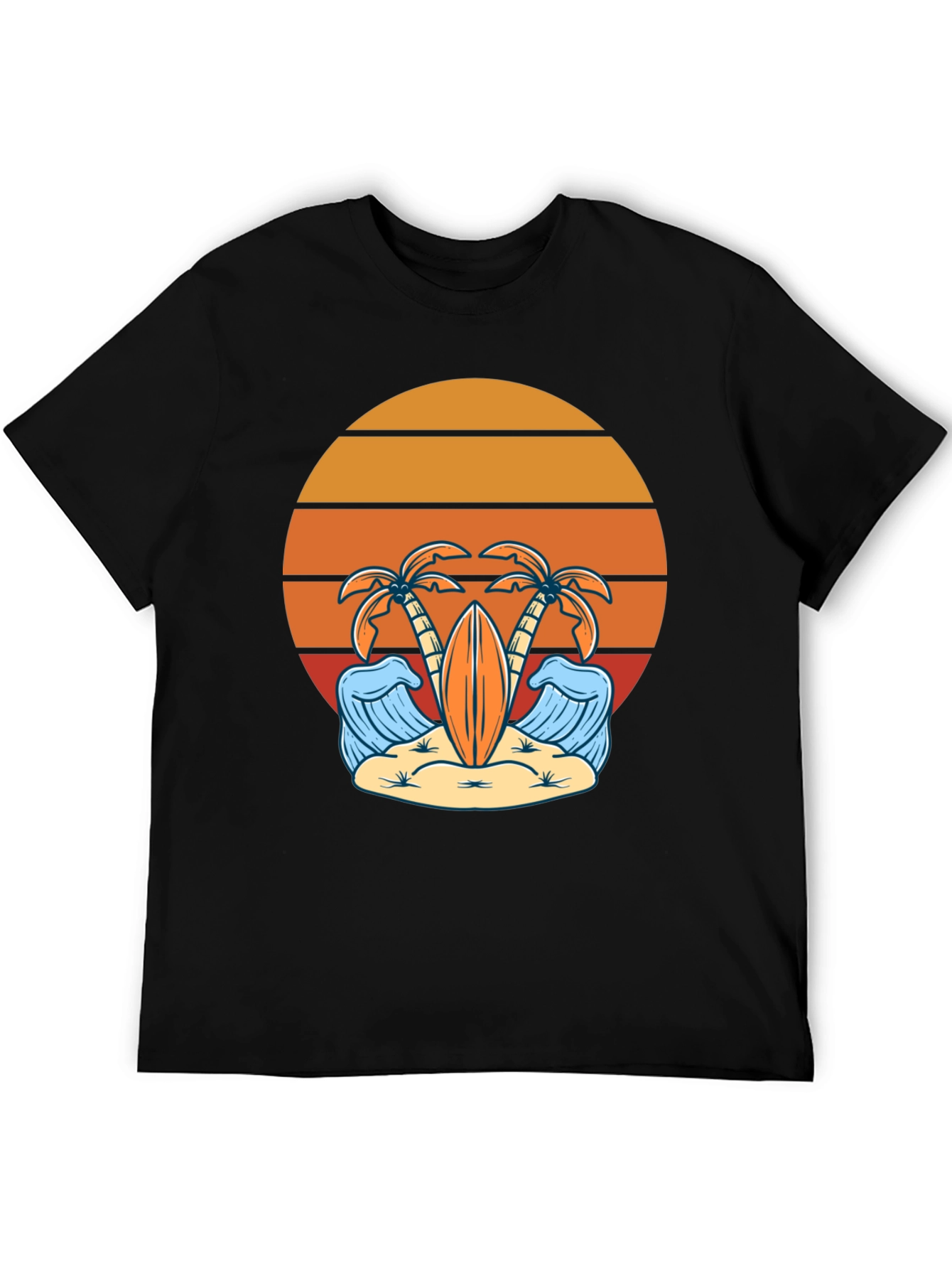 Retro Beach Vibes T-Shirt - Palm Trees & Surfboard