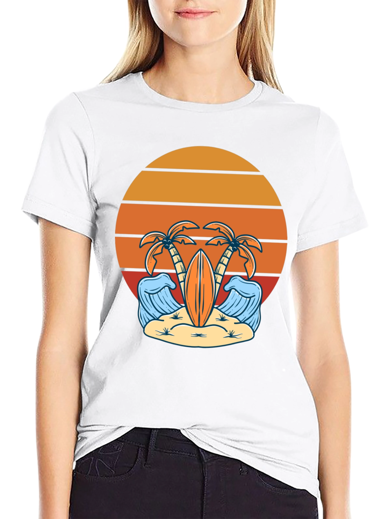 Retro Beach Vibes T-Shirt - Palm Trees & Surfboard